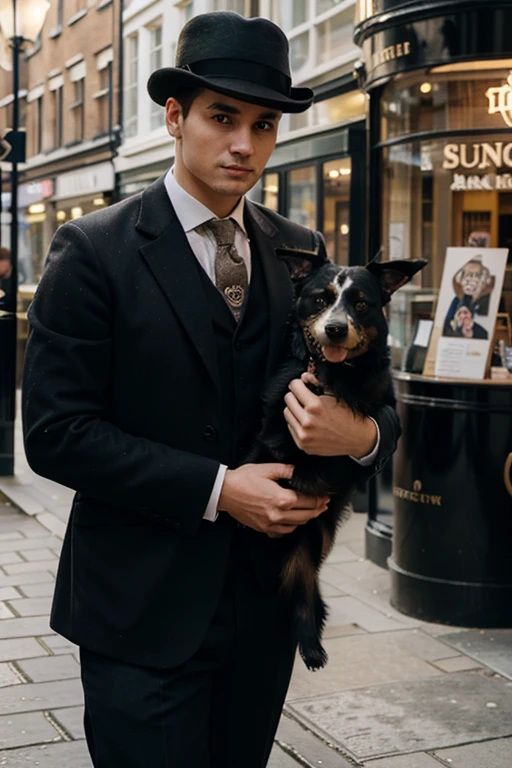Rich young man in bowler hat with dog in London