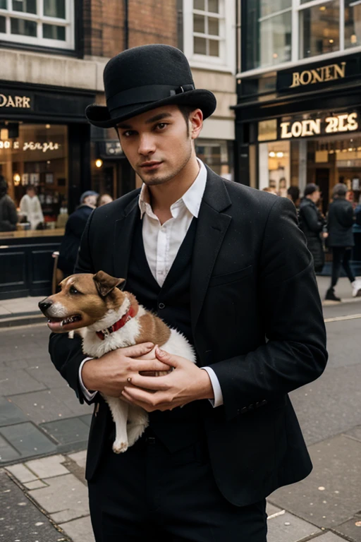 Rich young man in bowler hat with dog in London