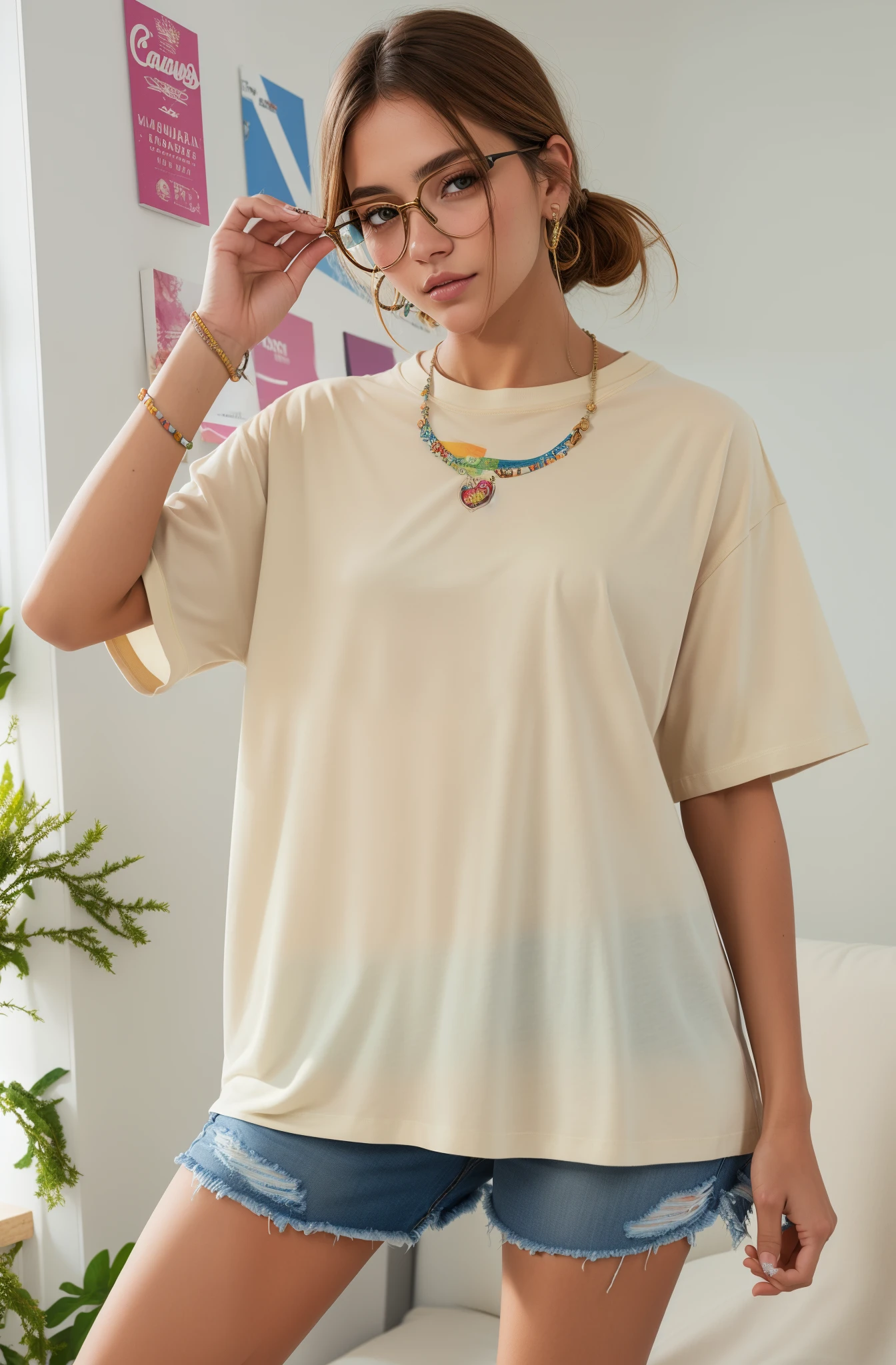 uma mulher vestindo uma camisa branca e shorts jeans posando para uma foto, estampado em uma camiseta de linho creme, mangas curtas, blusa cor de creme, camisa bege elegante slim, vestir camisa bege, com corte rasgado t - camisa, bege, tshirt branca lisa, t-topo, Loose - blusas justas, camiseta branca, T-shirt branca, camiseta branca