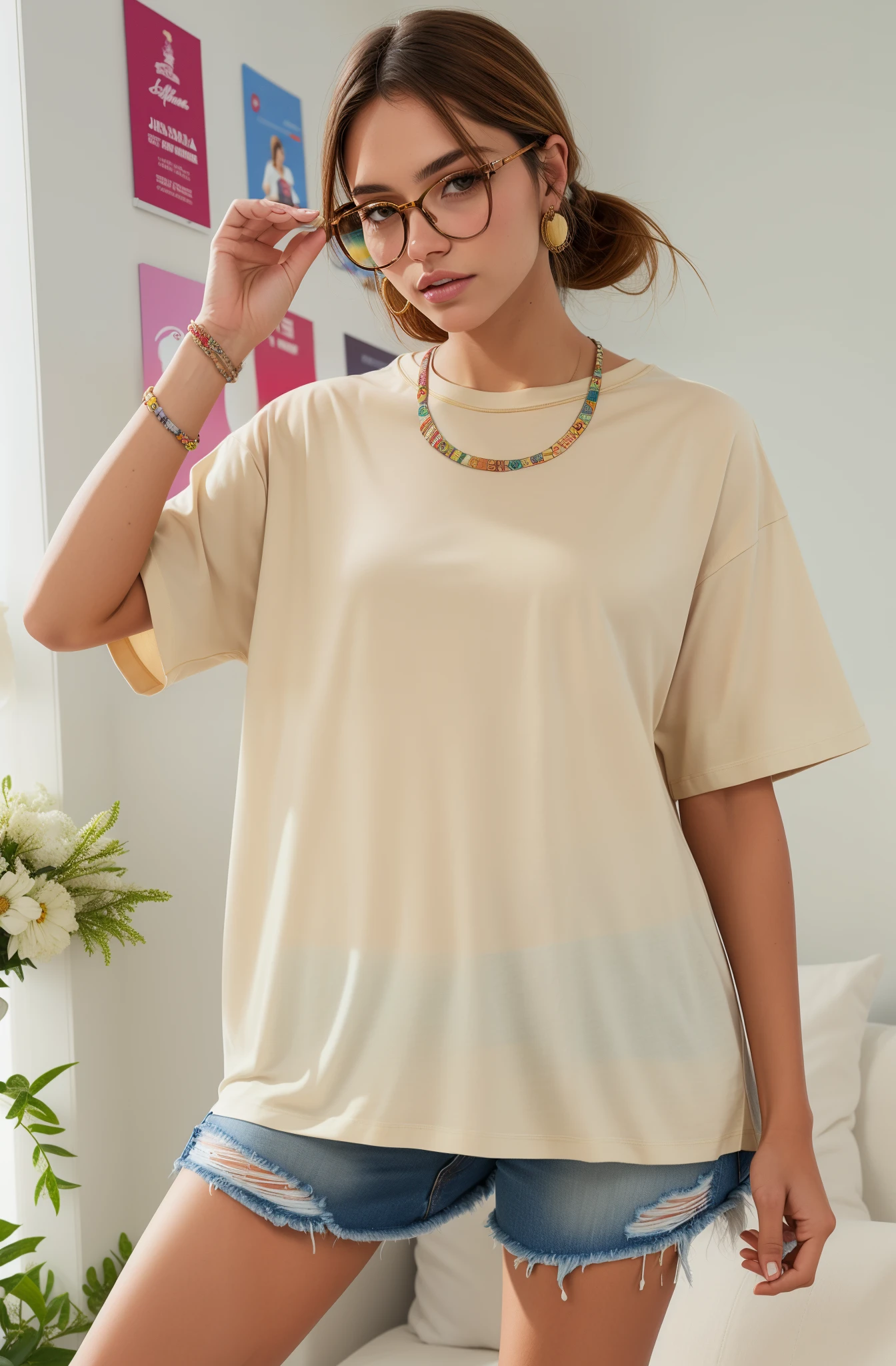 uma mulher vestindo uma camisa branca e shorts jeans posando para uma foto, estampado em uma camiseta de linho creme, mangas curtas, blusa cor de creme, camisa bege elegante slim, vestir camisa bege, com corte rasgado t - camisa, bege, tshirt branca lisa, t-topo, Loose - blusas justas, camiseta branca, T-shirt branca, camiseta branca
