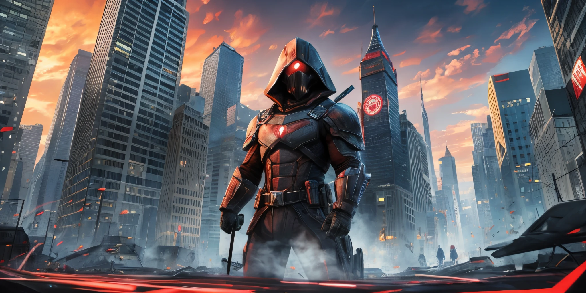 a zombie in focus ,apocaliptic city background,cartoon art, dark, apocaliptic, horror --auto --s2