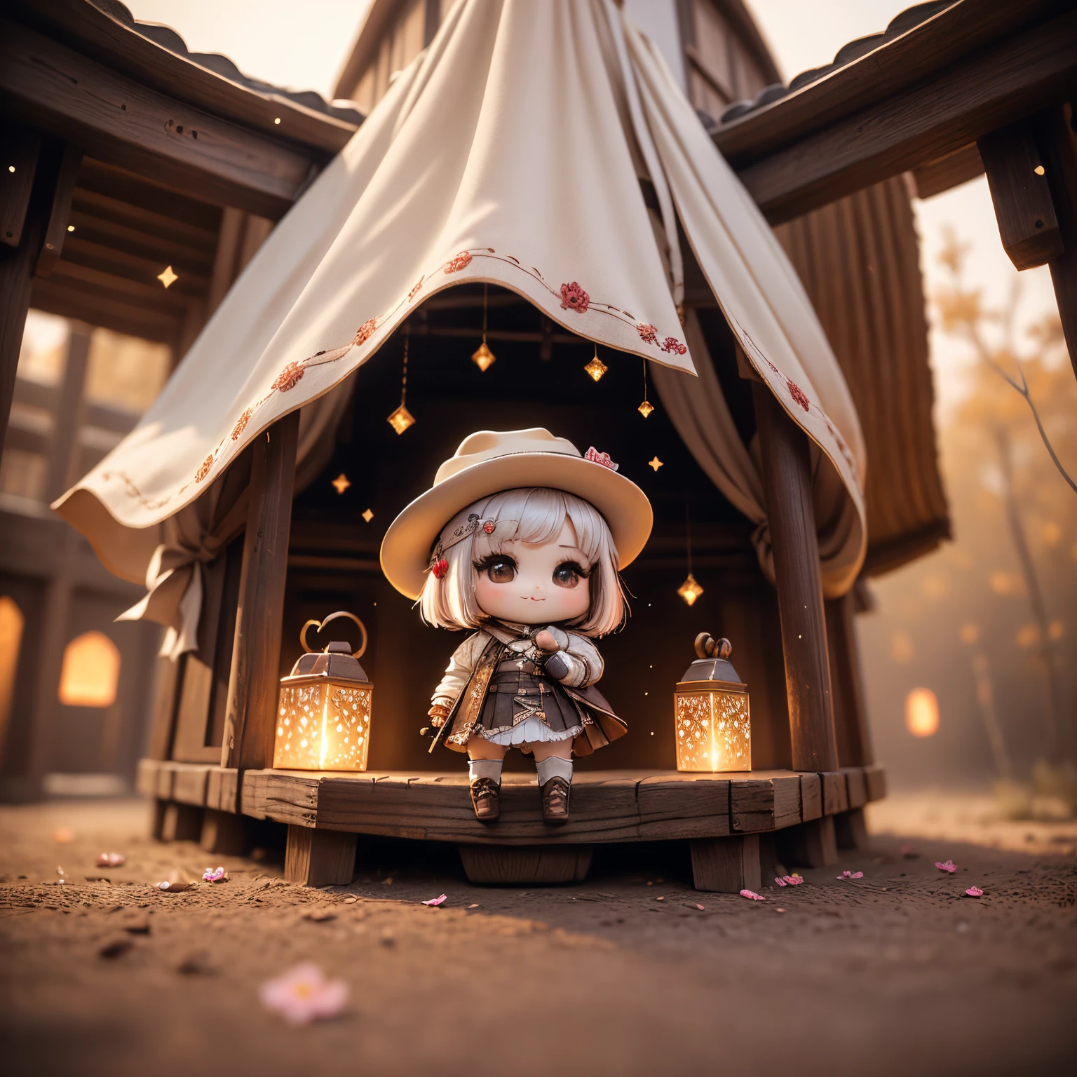 ​masterpiece、top-quality、ultra-detailliert、(Chibi Chara's Daughter:1.2),White Bob,brown ten gallon hat,gorgeous western cosplay,brown western boots,Rose Flower Carpet,Western drama,A smile,Full-body standing figure,The glitter shines