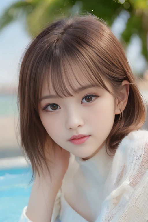 pureerosface_v1、top-quality、Photorealsitic、8K、hight resolution、1girl in、femele、(Skindentation)、(portlate:0.6)、a gorgeous、dynamicposes、((Poolside background:1.6))、coconut tree、((Medium-sized round-breasted、White High Neck Sweater:1.4))、straight look at viewer:1.8、(1 Girl's eyes looking at the viewer、medium lenght hair、brown haired、partedbangs:1.65)、(bokeh dof)、a smile:1.2、(Keep your mouth shut:1.16)、Lips thin