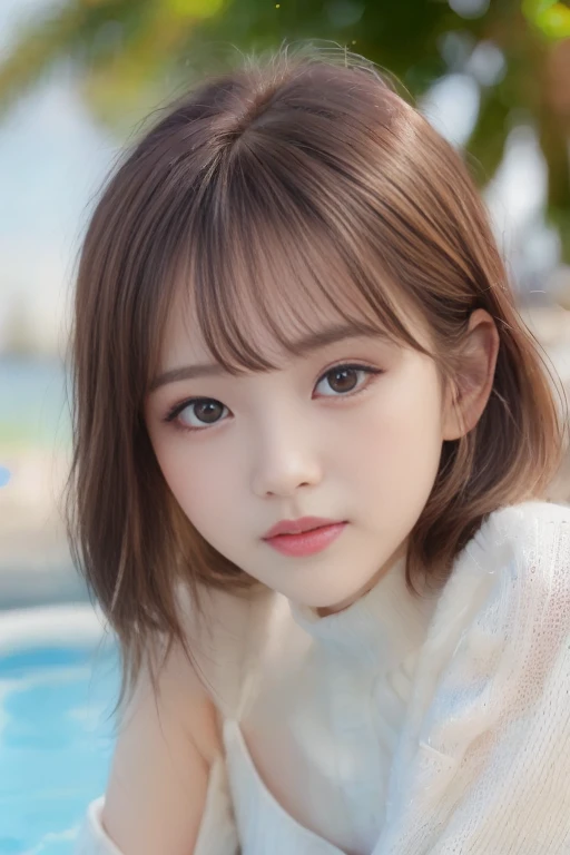 pureerosface_v1、top-quality、Photorealsitic、8K、hight resolution、1girl in、femele、(Skindentation)、(portlate:0.6)、a gorgeous、dynamicposes、((Poolside background:1.6))、coconut tree、((Medium-sized round-breasted、White High Neck Sweater:1.4))、straight look at viewer:1.8、(1 Girl's eyes looking at the viewer、medium lenght hair、brown haired、partedbangs:1.65)、(bokeh dof)、a smile:1.2、(Keep your mouth shut:1.16)、Lips thin