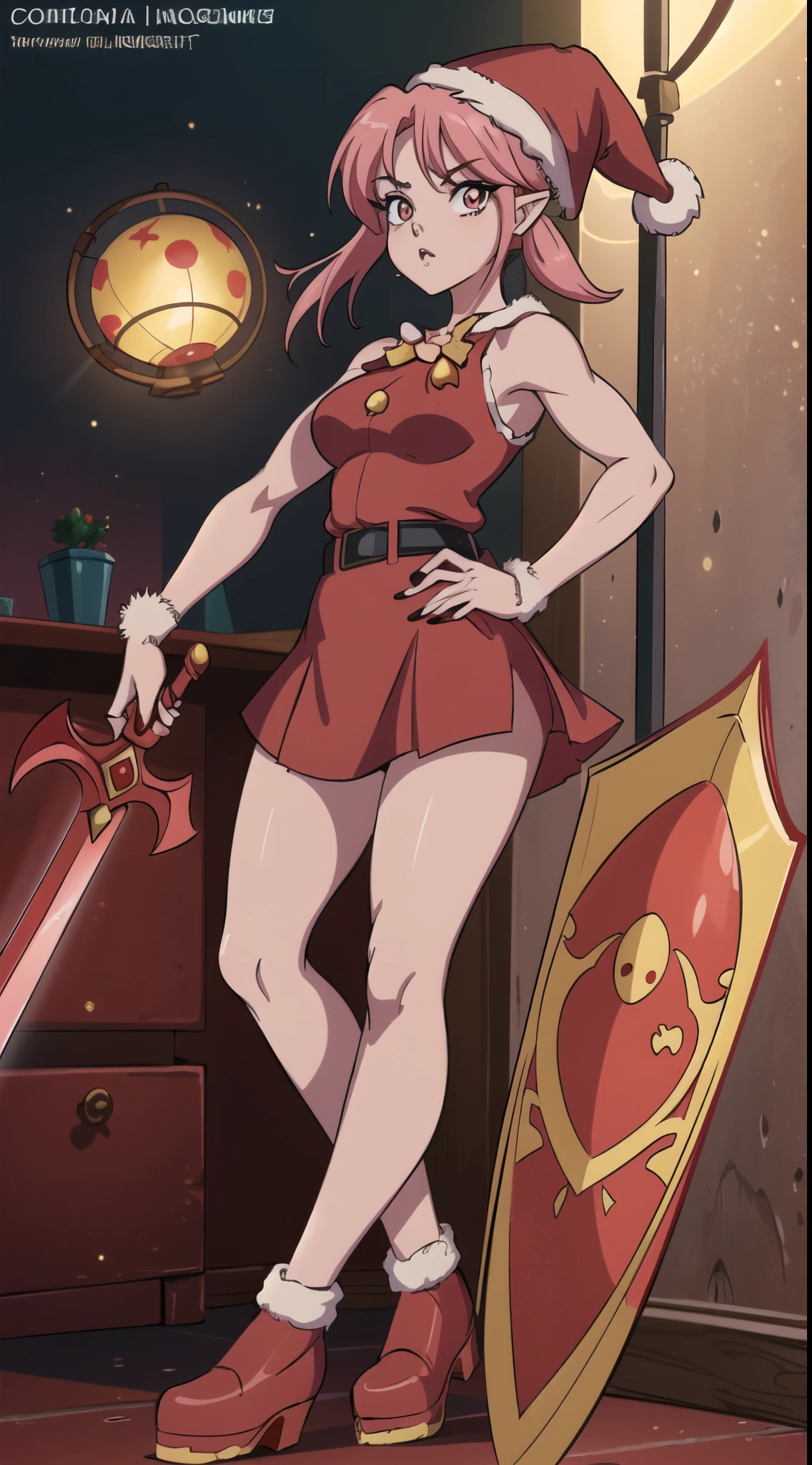(((1 girl))), (wearing red Santa hat), (Milim Nava of tensei shitara slime), (pink hair twintaillue eyeedium chest, (nails painted black), perfect hands , (((wearing a sexy red Santa Claus outfit with a cute short skirt))), (((full body view))), (in a motel room), (((beautiful, muscular legs))) , thin waist, muscles in the abdomen, full body photo, red high heel shoes, (holding a red dragon sword in attack pose), (HDR) , eye reflection, extended eyes, extended eyes, Moody, anime, minimalism, anime style, ray tracing, cinematic lighting, cinematic lighting, glow, shine, jpeg artifacts, bright light, divine rays, ray tracing, drop shadow, panorama, Sony FE, behind, underneath, underneath, UHD , master piece , precise, accurate, anatomically correct, super detailed, high quality, best quality, very high, 16k