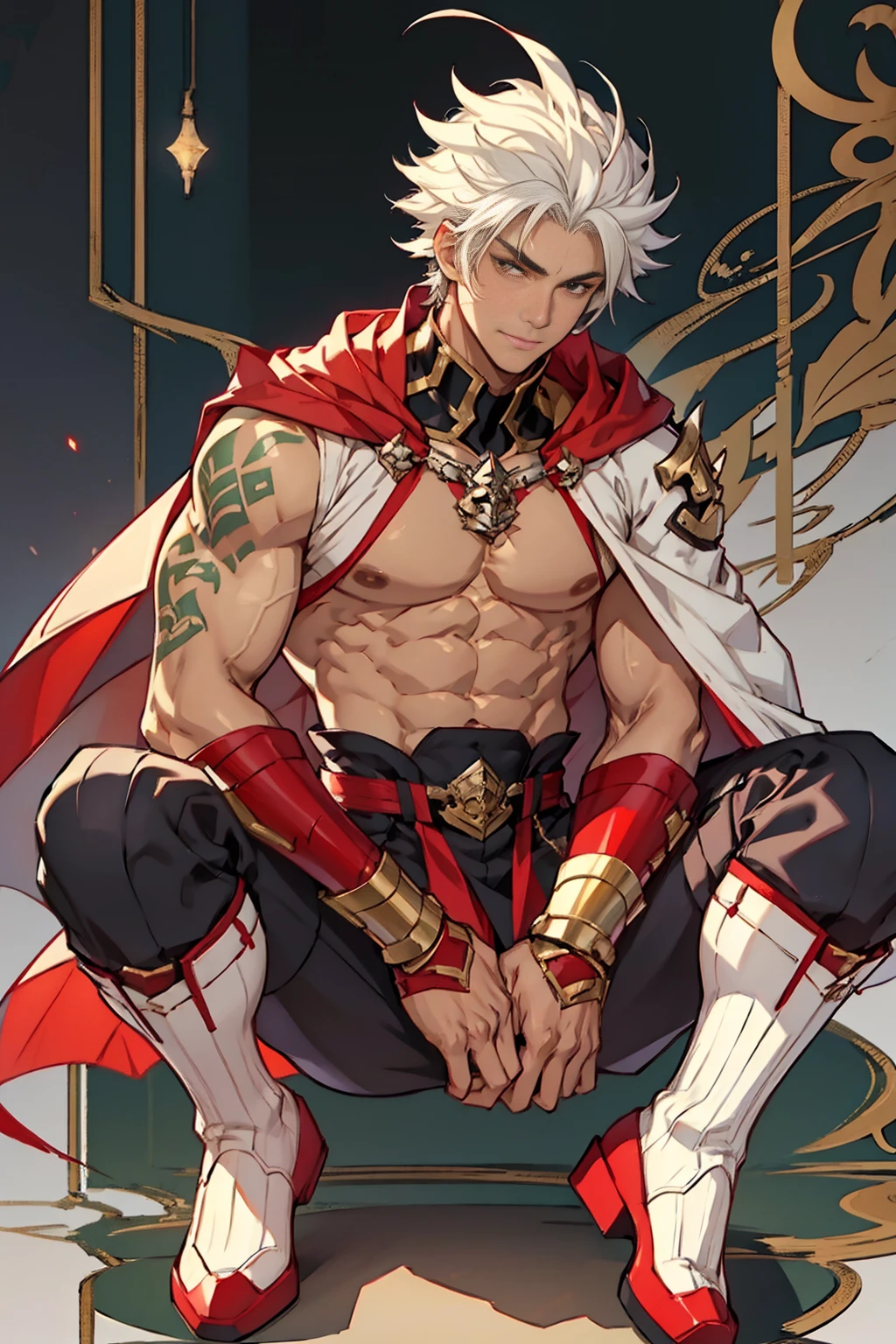 Shoulders exposed，Highest image quality，male people，，1 boy，Young and handsome，shoun，White color hair，Short flat top hair，Dark  skin，anime big breast，anime wallpaper，Solo，malefociefs，Dilation of the pectoral muscles，Red cape，Bulging crotch， background，spread their legs，Sexy,(Masterpiece, Best quality),Long white socks，Red Martin boots，