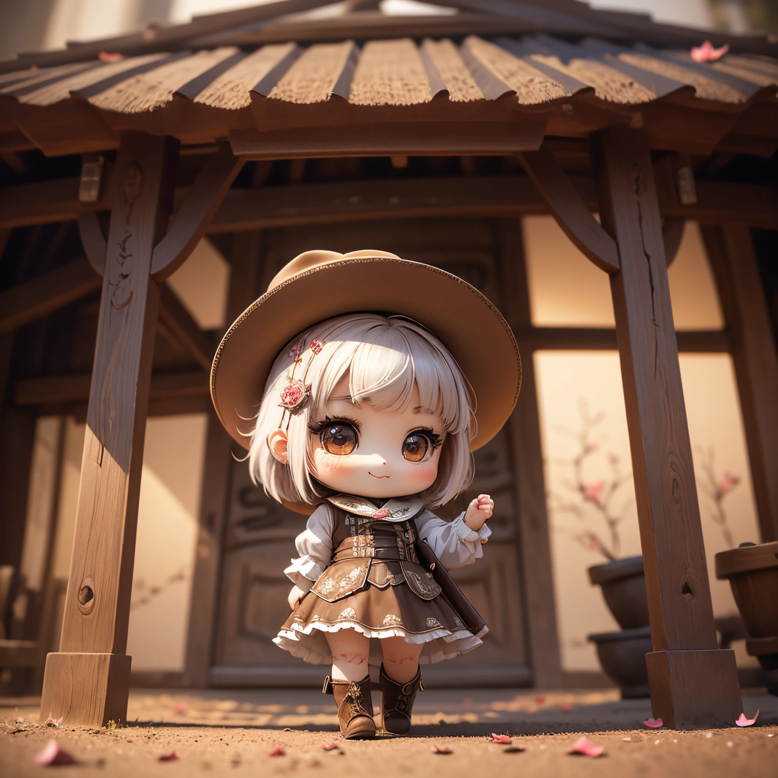masterpiece、top-quality、ultra-detailliert、(Chibi Chara's Daughter:1.2),White Bob,Brown ten-gallon hat,gorgeous western ,Brown Western Boots,Rose Flower Carpet,Western drama,A smile,Full-body standing figure,glitter shines