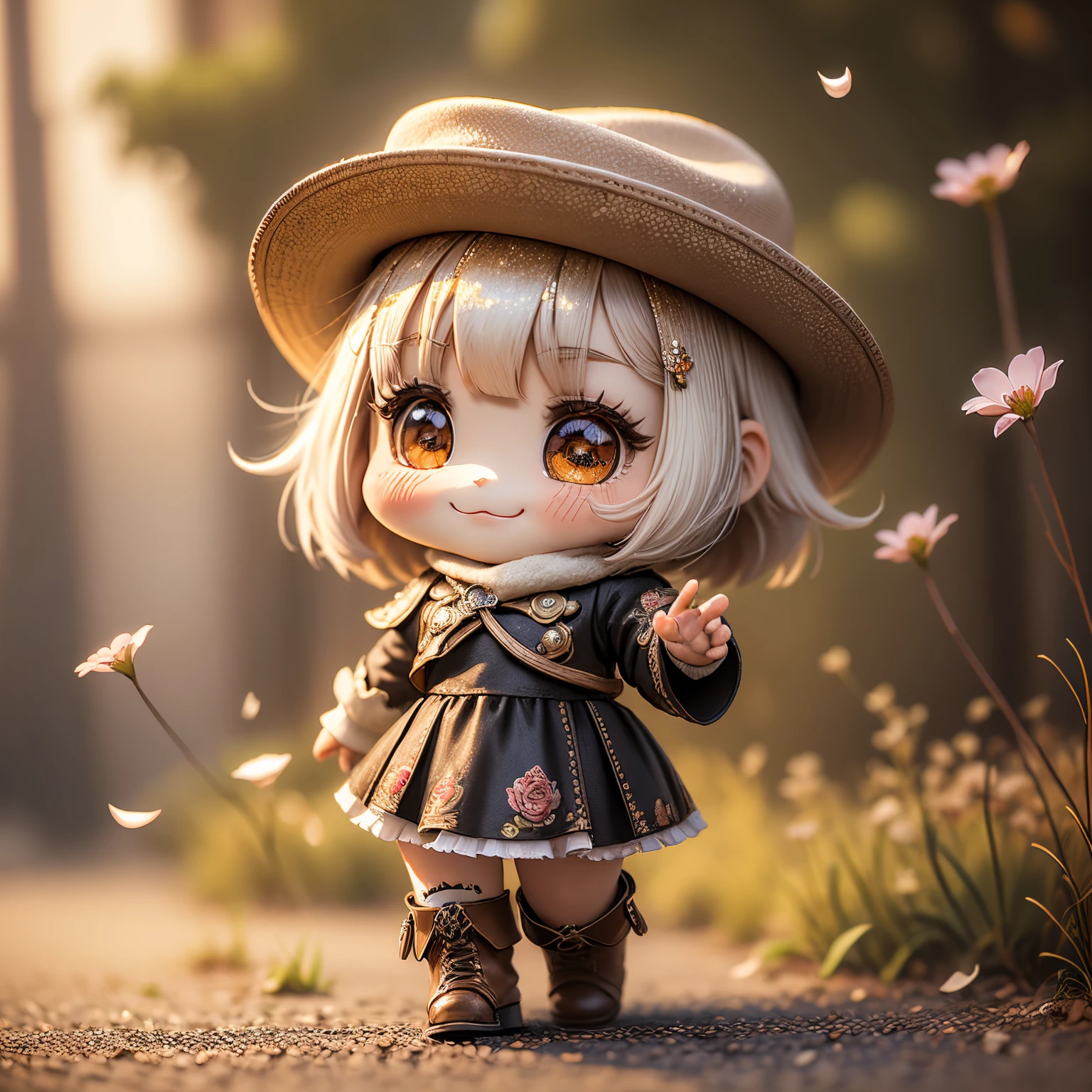 ​masterpiece、top-quality、ultra-detailliert、(Chibi Chara's Daughter:1.2),White Bob,Brown ten-gallon hat,gorgeous western ,Brown Western Boots,Rose Flower Carpet,Western drama,A smile,Full-body standing figure,glitter shines