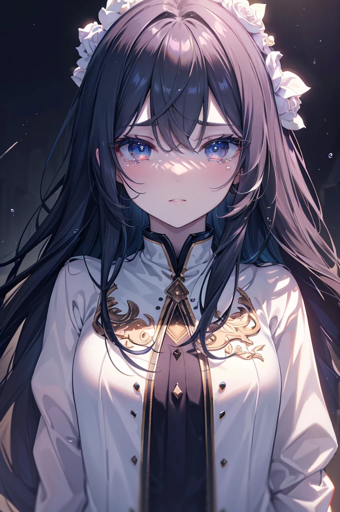 (best quality,highres,masterpiece:1.2),holographic texture,beautiful detailed eyes,beautiful detailed lips,extremely detailed eyes and face,longeyelashes,flowing silky hair,glimmering tears on the face,expressive facial expressions,sadness,full body and face,pale complexion,dark background,portrait,emotional lighting,vivid colors.