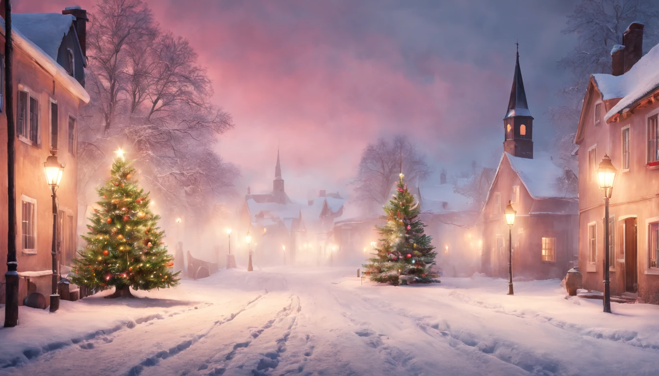 Hyperrealistic christmas landscape photo of a village covered with snow in the ethereal mist,snow is falling, (((christmas tree:1.2 in the center)))), ((street lanterns)), people on the streets, few houses with illuminated windows, smokey chimneys,vivid colors, snowy sky, sunset,pink color gradient to orange color in the sky, extremely high-resolution details, photorealism, realistic lifelike textures, masterpiece, best quality, photograph, dreamlike, intricate details, sharp focus, photography, photorealism, photorealistic, 8k, volumetric light, (intricate details), (hyperdetailed), hdr, high detailed, lot of details, high quality, soft cinematic light, dramatic atmosphere, atmospheric perspective, ultra realistic, neutral colors, cinematic lighting, sharp focus, wide angle, film grain, dslr, raw photo,