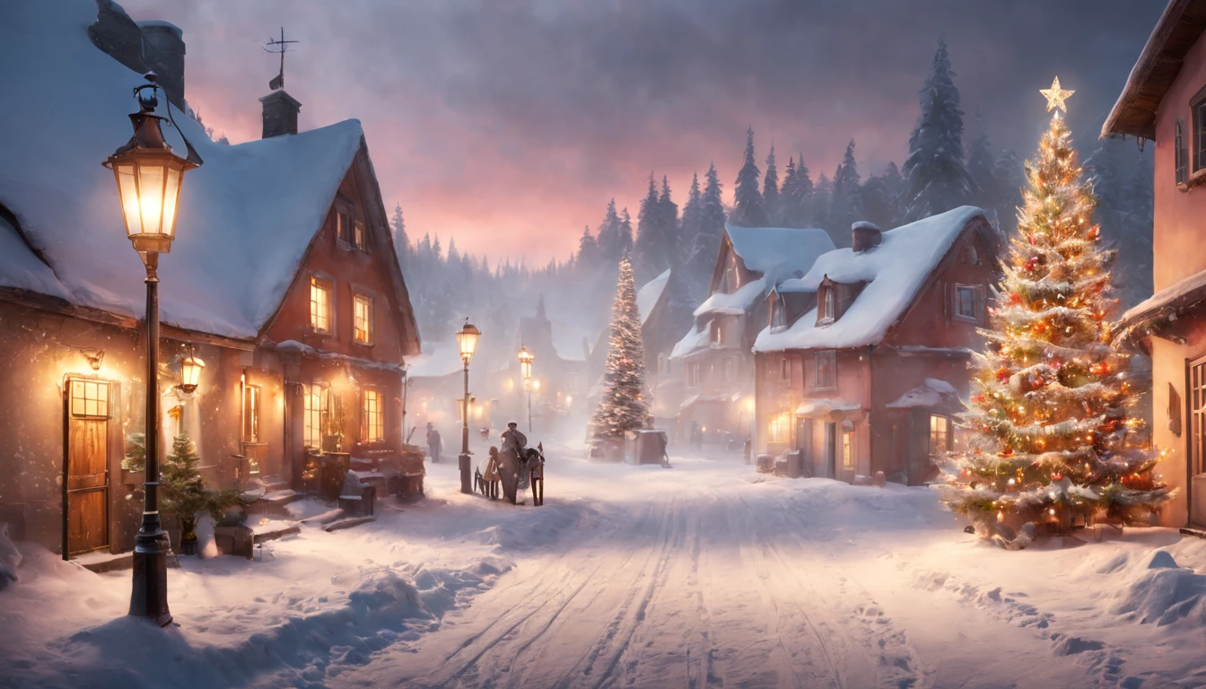 Hyperrealistic christmas landscape photo of a village covered with snow in the ethereal mist,snow is falling, (((christmas tree:1.2 in the center)))), ((street lanterns)), people on the streets, few houses with illuminated windows, smokey chimneys,vivid colors, snowy sky, sunset,pink color gradient to orange color in the sky, extremely high-resolution details, photorealism, realistic lifelike textures, masterpiece, best quality, photograph, dreamlike, intricate details, sharp focus, photography, photorealism, photorealistic, 8k, volumetric light, (intricate details), (hyperdetailed), hdr, high detailed, lot of details, high quality, soft cinematic light, dramatic atmosphere, atmospheric perspective, ultra realistic, neutral colors, cinematic lighting, sharp focus, wide angle, film grain, dslr, raw photo,