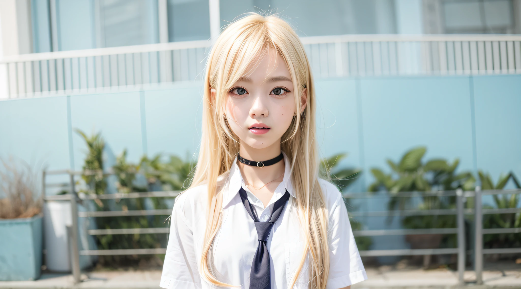 1girl, red eyes, blonde hair, choker, school uniform