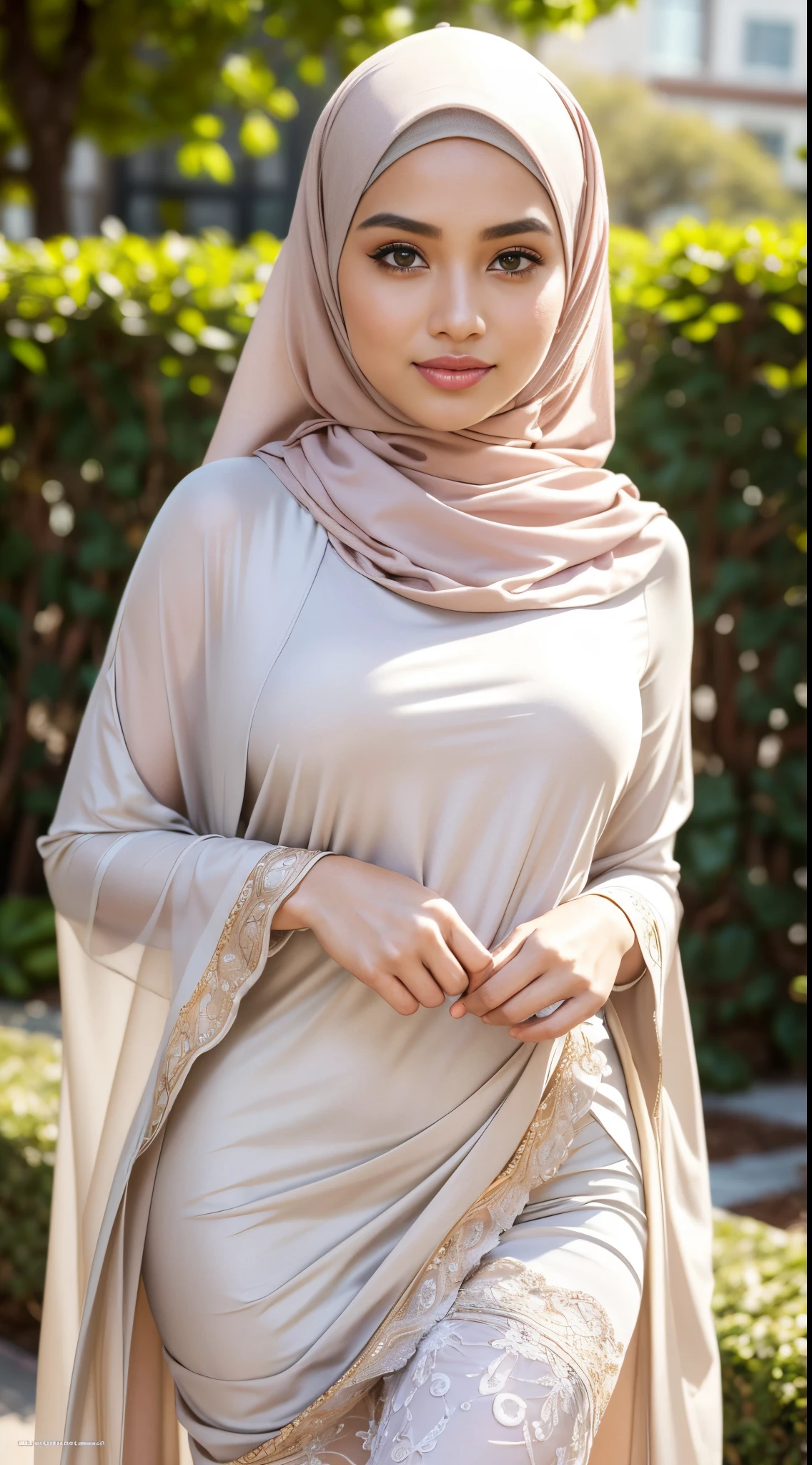 RAW, Best quality, high resolution, masterpiece: 1.3), beautiful Malay woman in hijab,Masterpiece, perfect slim fit body, (Huge breastig gorgeous eyes, Soft smile,woman wearing a hijab and a white shirt, white hijab, feminine in cute pastel shades, shawl, with lovely look, hijab ,Delicate turtleneck, necklace, shairband, afternoon walk, City garden, Excellent lighting, Bright colors, Clean lines