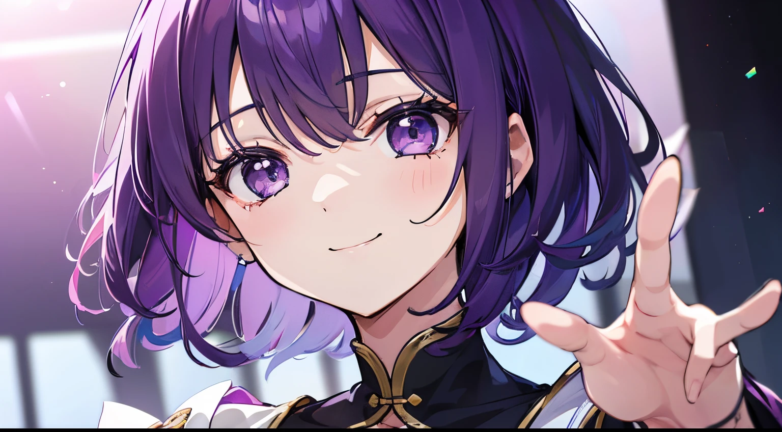 (tmasterpiece,4k wallpaper,best qualtiy))、((girl with1a person))、(独奏)、Brilliant,(Purple hair)、short-cut、a smile、close up of face、doress、stage