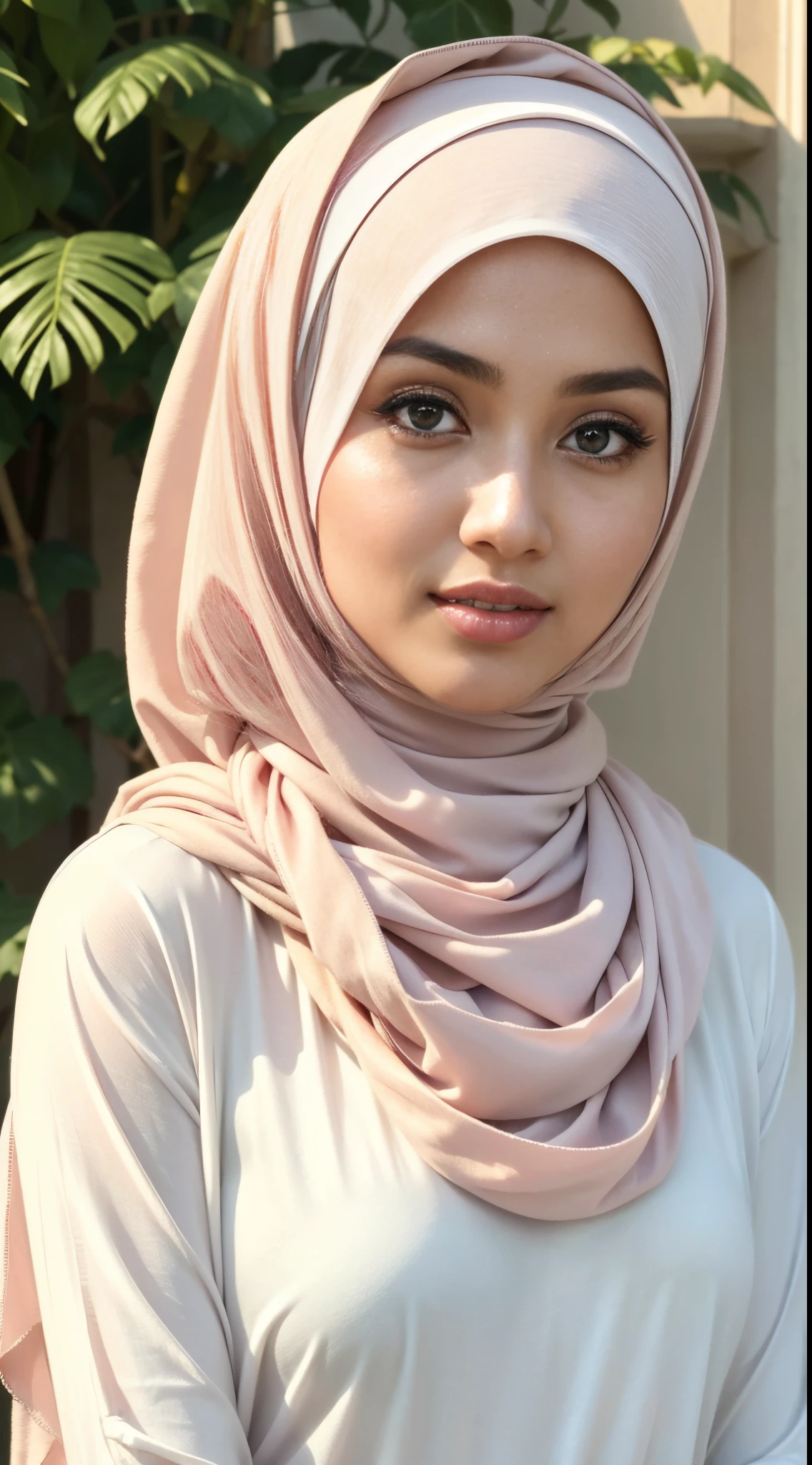 RAW, Best quality, high resolution, masterpiece: 1.3), beautiful Malay woman in hijab,Masterpiece, perfect slim fit body, (Huge breastig gorgeous eyes, Soft smile,woman wearing a hijab and a white shirt, white hijab, feminine in cute pastel shades, shawl, with lovely look, hijab ,Delicate turtleneck, necklace, shairband, afternoon walk, City garden, Excellent lighting, Bright colors, Clean lines