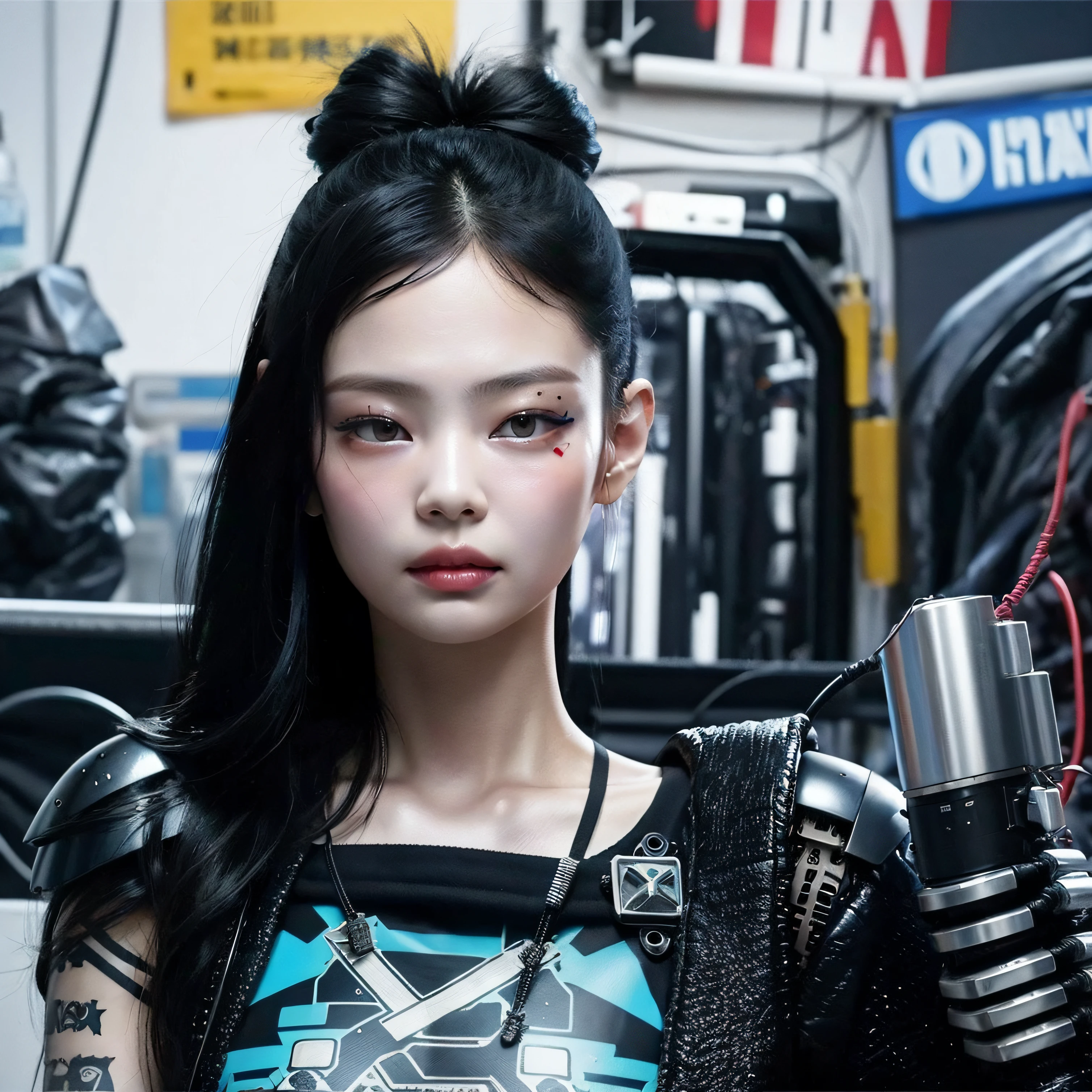 Cyberpunk, damged, robot, dead robot, wires, lose a part of her face in war, wires came out in the lose part of face, trashed, cyberpunk damged, trashed in a big garbge, black hair, tattoo on a part of her face, cyber tattoo, numbers, tattoo on her sholder and neck. Japanis face girl, robot clothes with wires, painting style, vanvas texture, brush strokes, jennie kim,