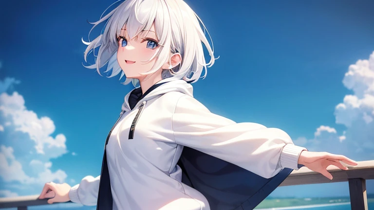 Ultra-high image quality,Look at viewers, hands behind back, girl with, 20 years old, Very short hair, long bangs between eyes, pale blue eyes, Hoodie, Skirt , Extremely detailed,(masterpiece、top-quality),White hair、A smile、Fantastical, Silver hair, Black eyes, Hoodie, White hoodie,a black skirt,Hair is short,White jacket, Casual style,Open jacket, Cowboy Shot、Fluttering hair、a small face、Bright smile、(Detailed face) ,profetional lighting,fantastic landscape,Blue sky, Sunlight,facing front,open open mouth