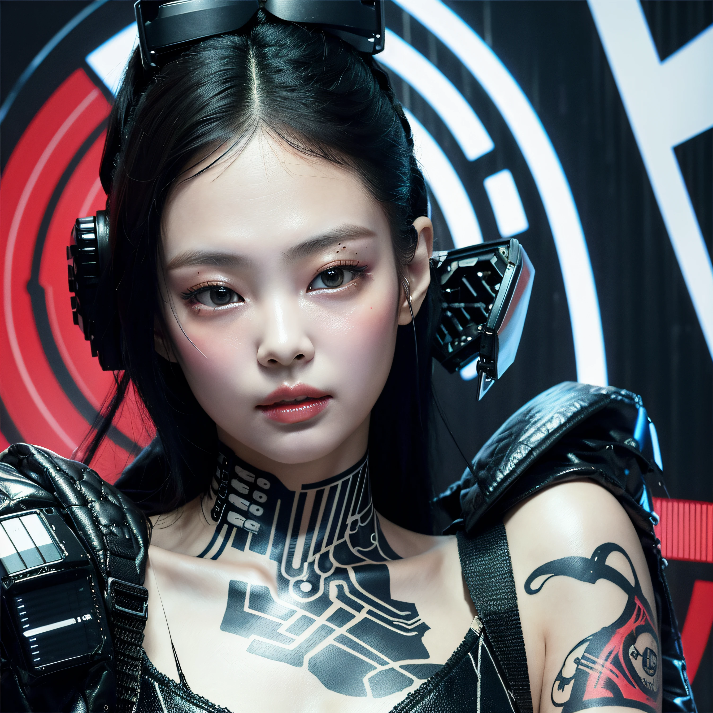 Cyberpunk, damged, robot, dead robot, wires, lose a part of her face in war, wires came out in the lose part of face, trashed, cyberpunk damged, trashed in a big garbge, black hair, tattoo on a part of her face, cyber tattoo, numbers, tattoo on her sholder and neck. Japanis face girl, robot clothes with wires, painting style, vanvas texture, brush strokes, jennie kim,
