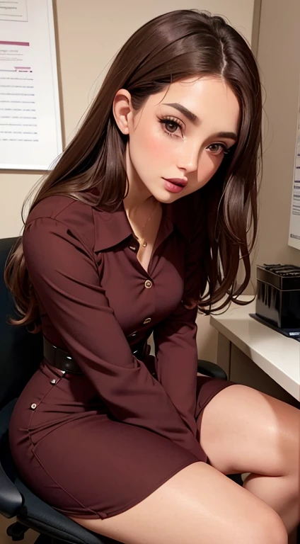 form-fitting dress in burgundy color, buttons, unbuttoned dress, brunette locks, makeup, dark eyeliner, brown eyes, blush, big lips, neutral lipstick! In the small office, falling, dizzy, confused, full body shot