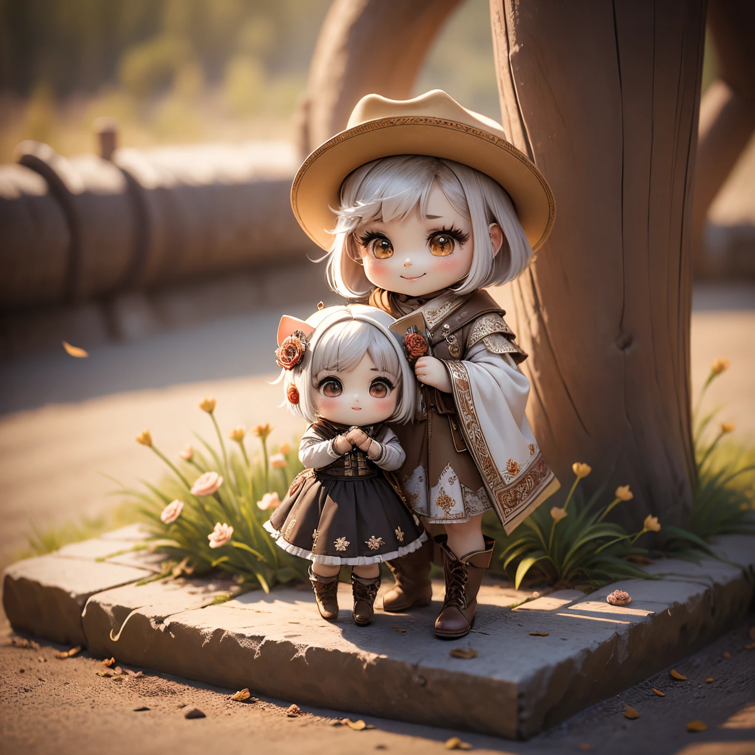 ​masterpiece、top-quality、ultra-detailliert、(Chibi Chara's Daughter:1.2),White Bob,Brown ten-gallon hat,gorgeous western clothes ,Brown Western Boots,Rose Flower Carpet,Western drama,A smile,Full-body standing figure,Glitter