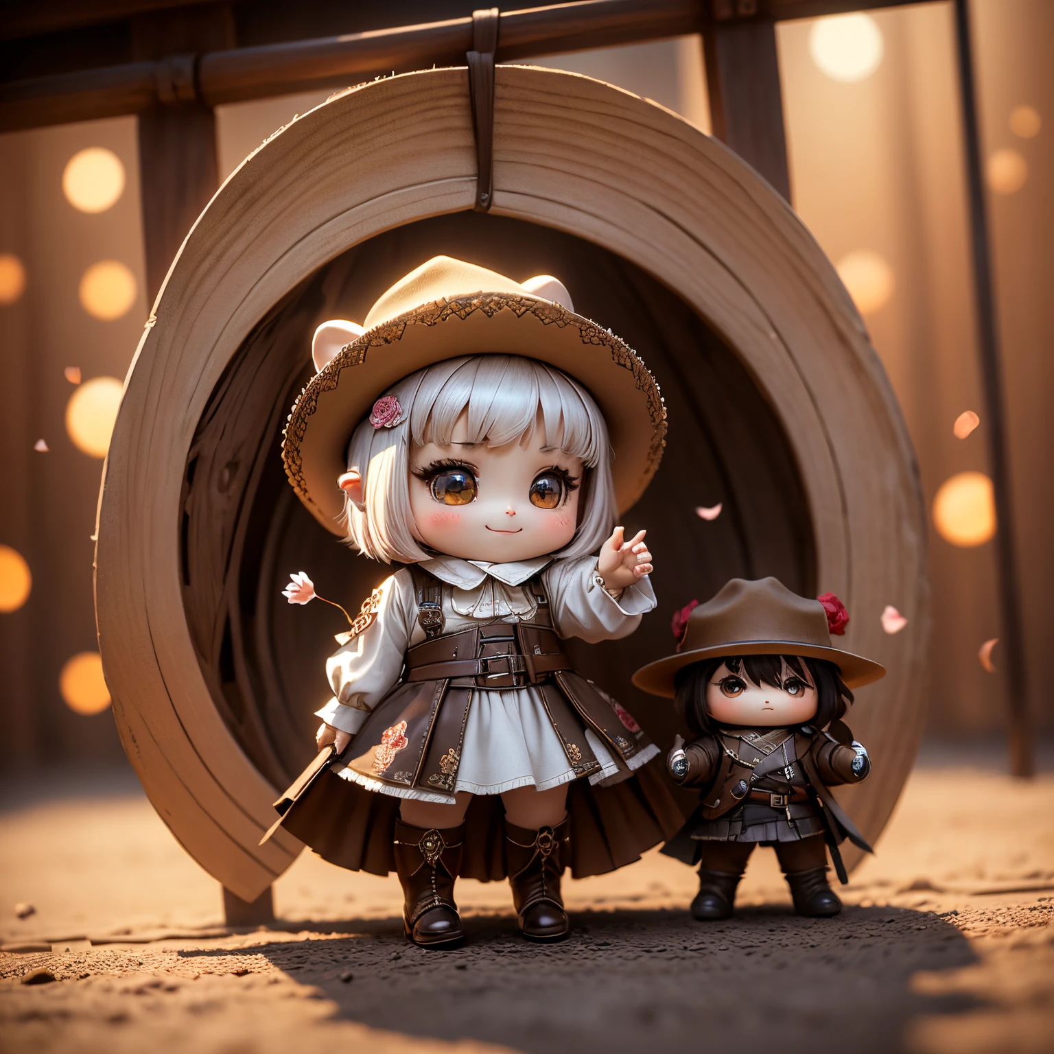 ​masterpiece、top-quality、ultra-detailliert、(Chibi Chara's Daughter:1.2),White Bob,Brown ten-gallon hat,gorgeous western clothes ,Brown Western Boots,Rose Flower Carpet,Western drama,A smile,Full-body standing figure,Glitter