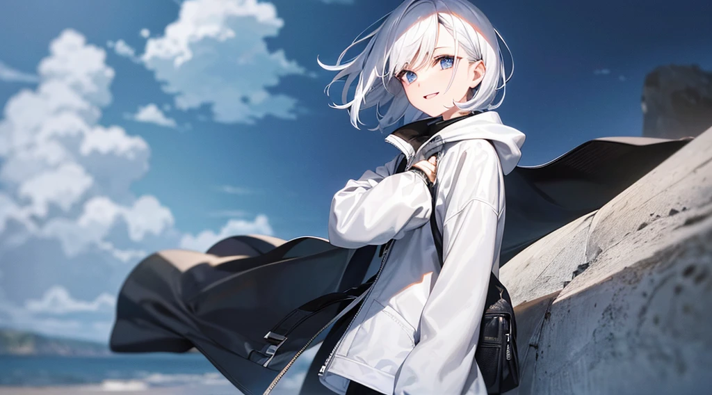 Ultra-high image quality,Look at viewers, hands behind back, girl with, 20 years old, Very short hair, long bangs between eyes, pale blue eyes, Hoodie, Skirt , Extremely detailed,(masterpiece、top-quality),White hair、A smile、Fantastical, Silver hair, Black eyes, Hoodie, White hoodie,a black skirt,Hair is short,White jacket, Casual style,Open jacket, Cowboy Shot、Fluttering hair、a small face、Bright smile、(Detailed face) ,profetional lighting,fantastic landscape,Blue sky, Sunlight,facing front,open open mouth