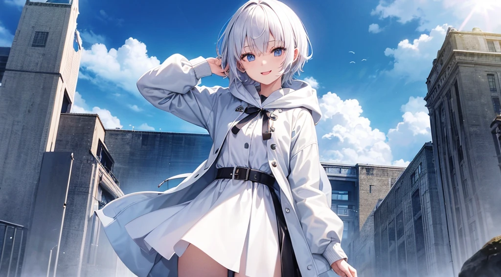 Ultra-high image quality,Look at viewers, hands behind back, girl with, 20 years old, Very short hair, long bangs between eyes, pale blue eyes, Hoodie, Skirt , Extremely detailed,(​masterpiece、top-quality),White hair、A smile、Fantastical, Silver hair, Black eyes,  Hoodie, White hoodie,a black skirt,Hair is short,White jacket, Casual style,Open jacket,  Cowboy Shot、Fluttering hair、a small face、Bright smile、(Detailed face) ,profetional lighting,fantastic landscape,Blue sky, Sunlight,facing front,open open mouth