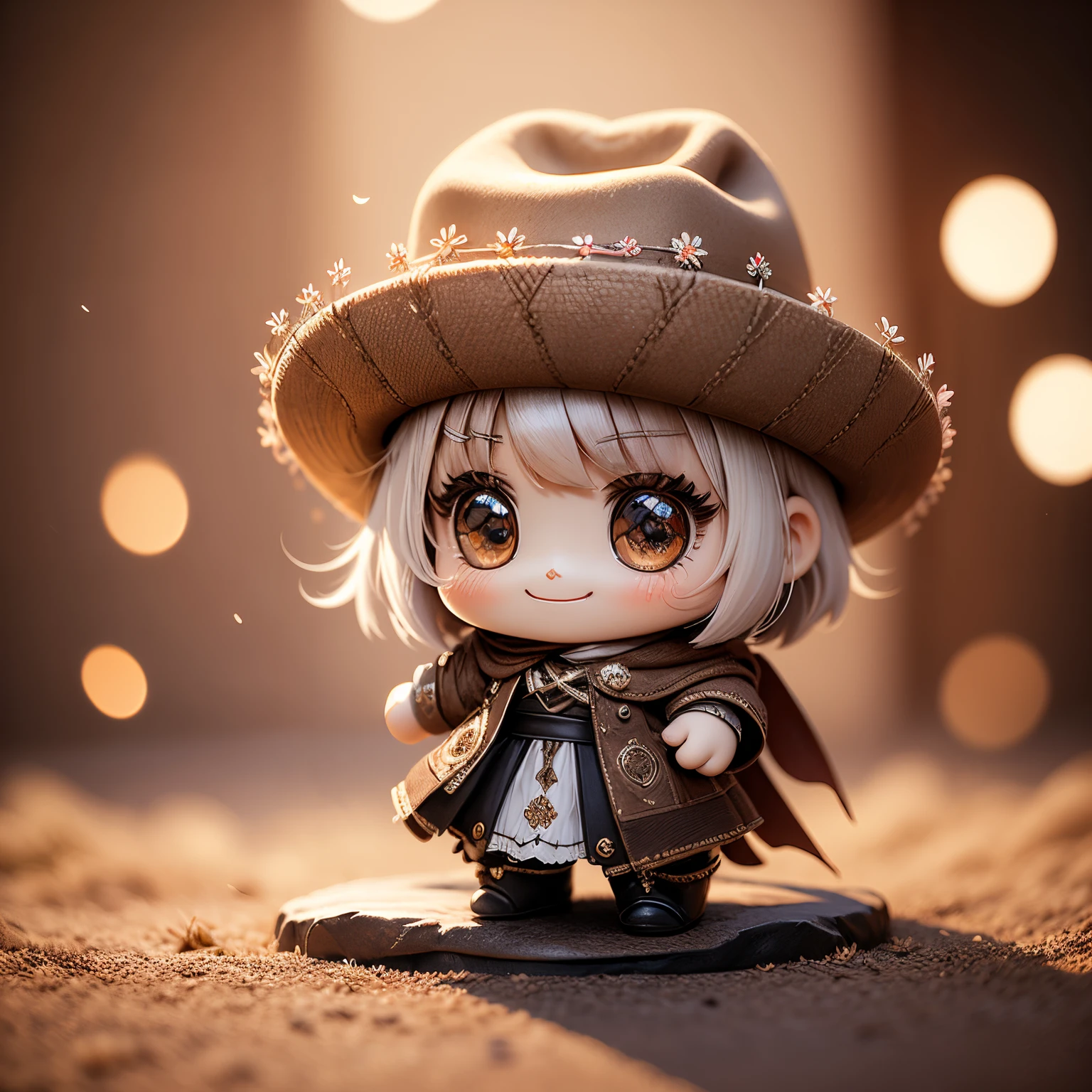 ​masterpiece、top-quality、ultra-detailliert、(Chibi Chara's Daughter:1.2),White Bob,Brown ten-gallon hat,luxurious western clothing ,brown western boots,Rose Flower Carpet,Western drama,A smile,Full-body standing figure,Glitter