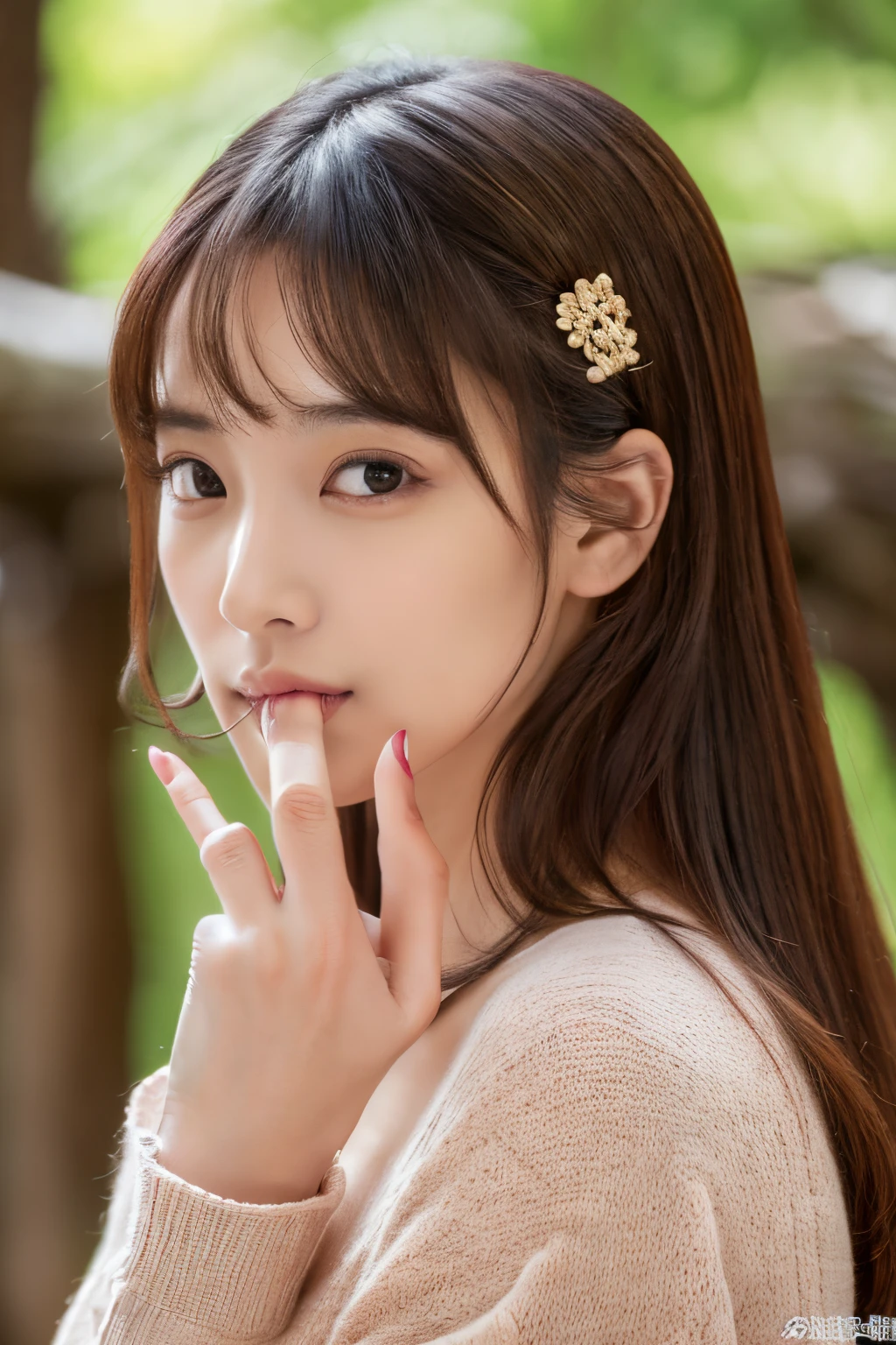 in 8K、超A high resolution、Best Quality、masutepiece)、Woman with thick lower lip 1、((((Man 1 pinching woman 1's lower lip with his fingers))))、