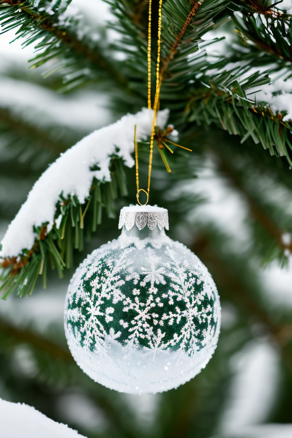 A close-up of a ornament-covered snow glass extreme close-up, shallow depth of field, telephoto shot, vibrant color grading, Deep Focus, ((snowfall everywhere))