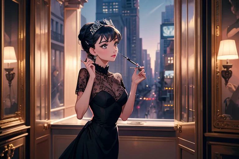 Capture the enchanting opening scene of "Breakfast at Tiffany's" with Audrey Hepburn as Holly Golightly. Set against the backdrop of a dawn-lit New York City, depict the iconic Tiffany & Co. store with its dazzling jewelry displays. Audrey Hepburn, dressed in a timeless black ensemble, stands outside the store, exuding elegance and mystery. She wears oversized sunglasses, holds a long cigarette holder, and gazes longingly at the luxurious jewels within the windows. Emphasize the contrast between the opulence of Tiffany's and the enigmatic allure of Holly Golightly. Incorporate the soft hues of early morning light and hint at the promise of a captivating story that unfolds in the heart of this vibrant city. The illustration should evoke the glamour, sophistication, and yearning that define the essence of "Breakfast at Tiffany's."
