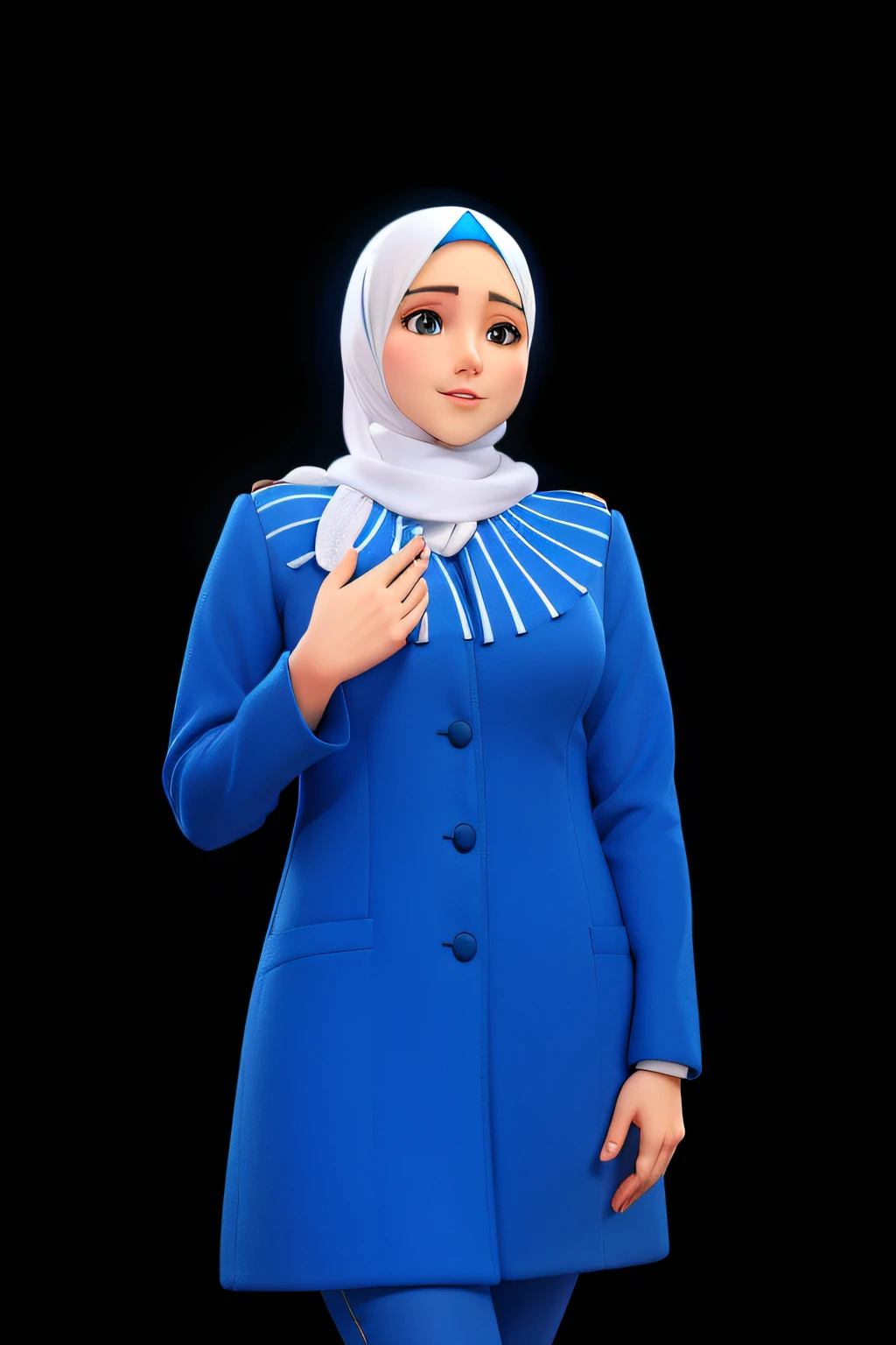 arafed woman in blue jacket and white scarf posing for a picture, blue uniform, hijab, muslim, blue color, blue skintight closed longcoat, sky blue, wonderful, beautiful