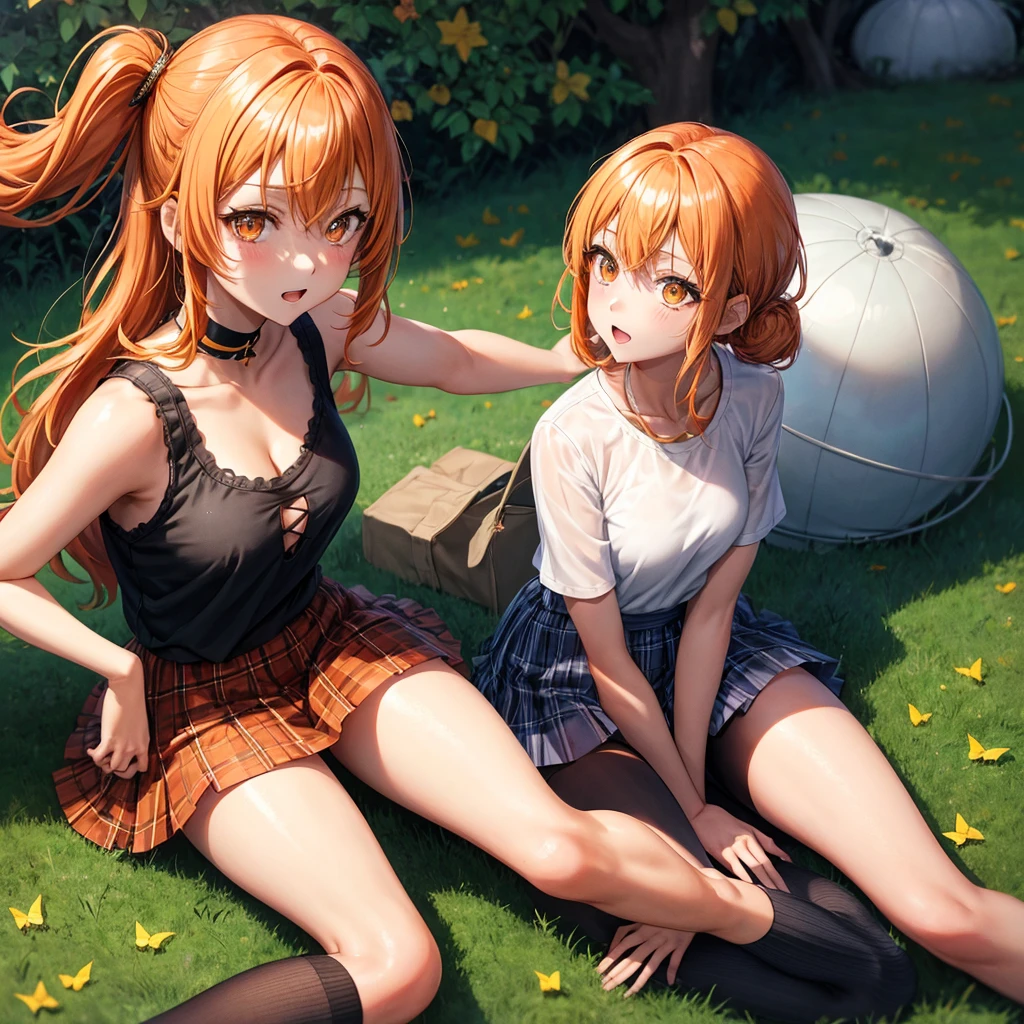 Orange hair、poneyTail、verd s eyes、one good looking girl、独奏、animesque、lightly dressed、Plaid miniskirt、a black T-shirt、grass field、fullmoon、Meteor swarm、large tree、Glittering starry sky、rainbow butterfly flying、Colorful marbles、sitting on
