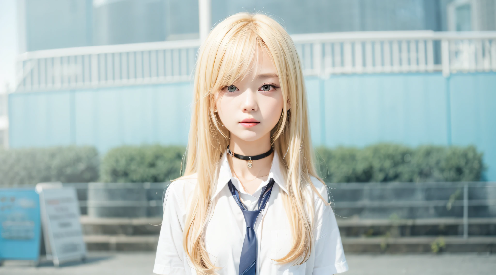 1girl, red eyes, blonde hair, choker, school uniform, perfect face