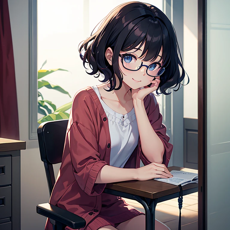 A dark-haired、a short bob、Wave Perm、Forward-facing、A slight smil、gameplay、 Adults、inside in room、a chair、eye glasses