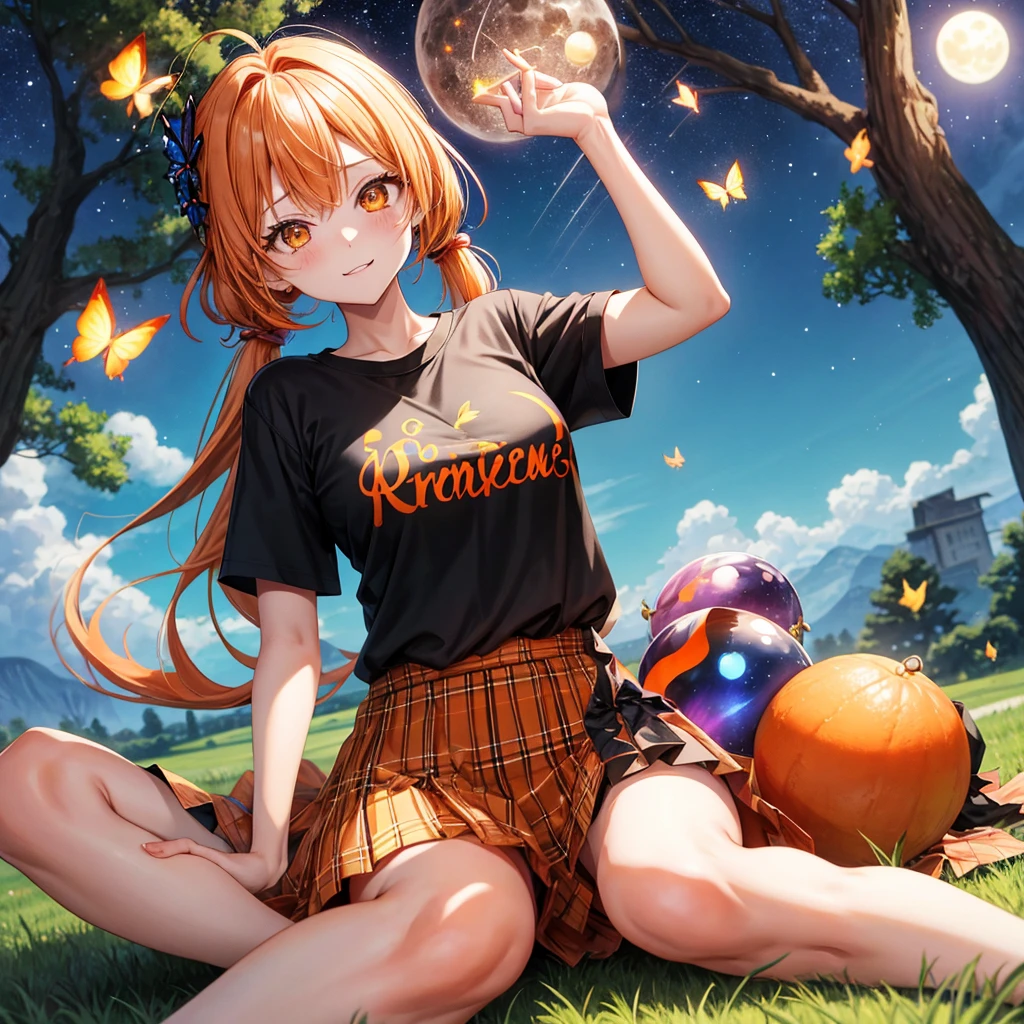 Orange hair、poneyTail、verd s eyes、one good looking girl、独奏、animesque、lightly dressed、Plaid miniskirt、a black T-shirt、grass field、fullmoon、Meteor swarm、large tree、Glittering starry sky、rainbow butterfly flying、Colorful marbles、sitting on