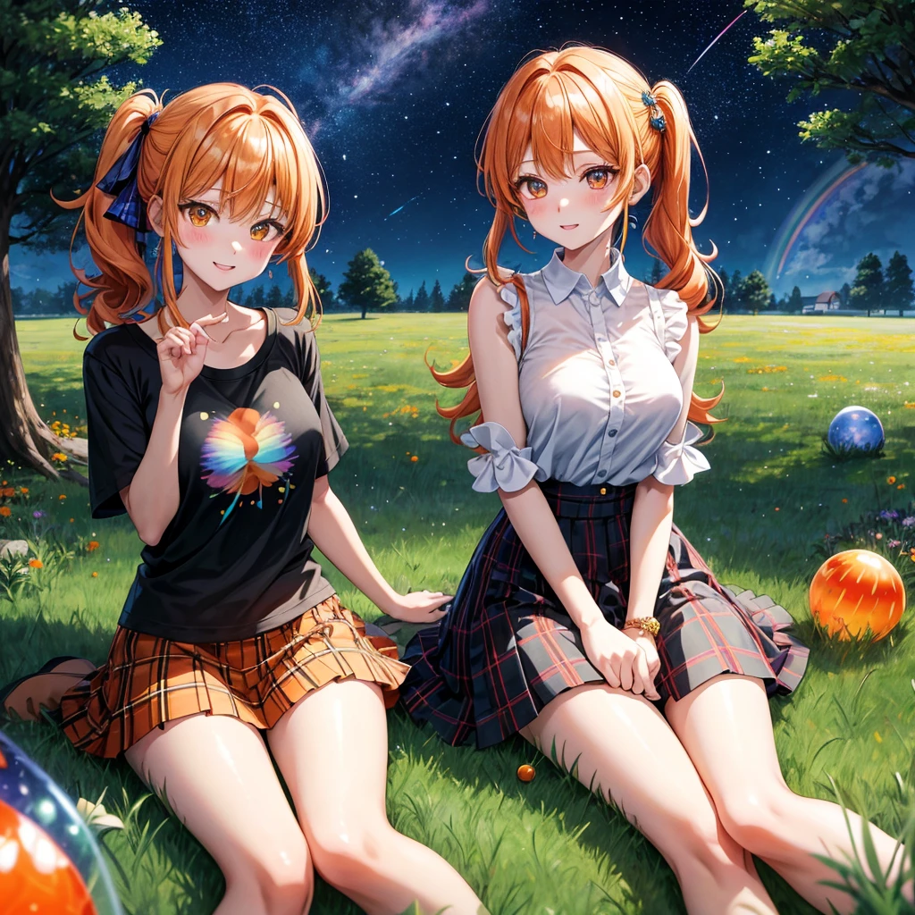Orange hair、poneyTail、verd s eyes、one good looking girl、独奏、animesque、lightly dressed、Plaid miniskirt、a black T-shirt、grass field、fullmoon、Meteor swarm、large tree、Glittering starry sky、rainbow butterfly flying、Colorful marbles、sitting on