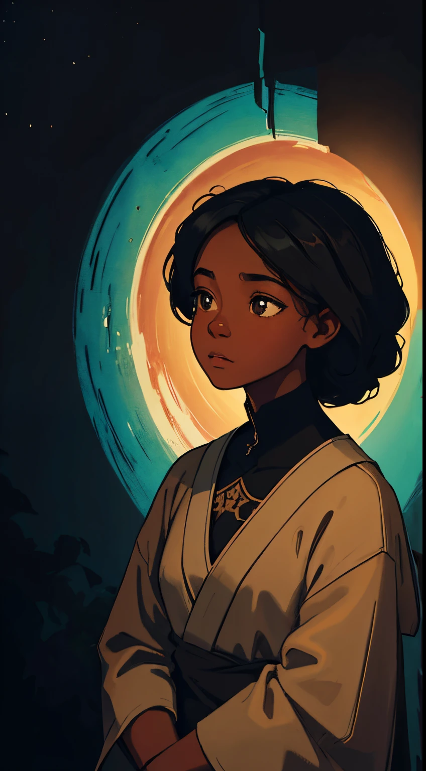 A brief moment of calm, beautiful black girl with cinnamon skintone, neutral color clothing against the vibrant colors of nature's respite wall tapestry. Portrait shot with peach and cyan lighting , detailed intricate , in the style of James Jean, chiaroscuro, wabi sabi art style , camera obscura, beautiful, masterpiece, behance winning