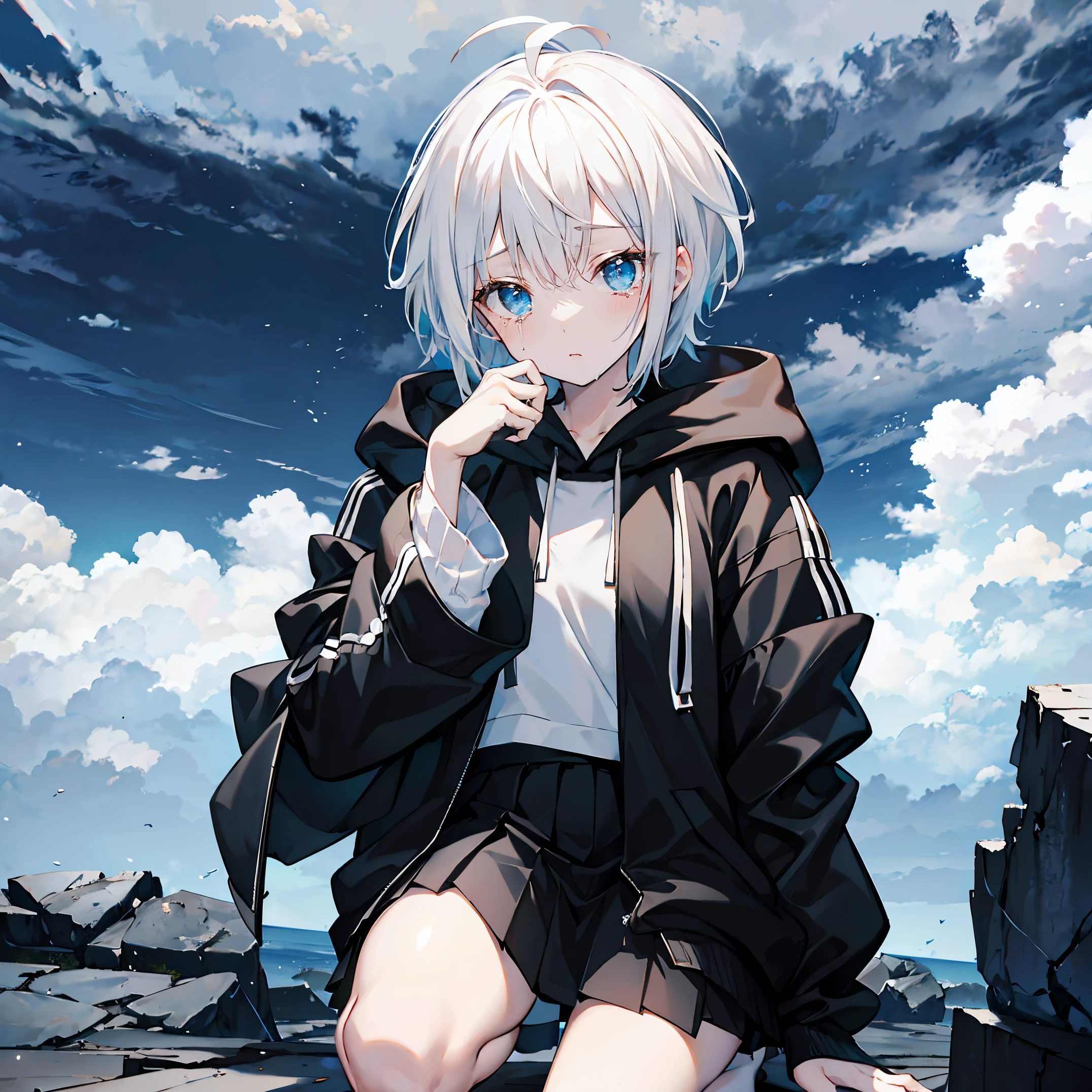 solo girl,,black pleated skirt,white  hoodie,short_hair， white hair,ahoge,
，touching eyes，cliff，crying，kneel，overview，raining，cloud，the sky is dark，Black and blue