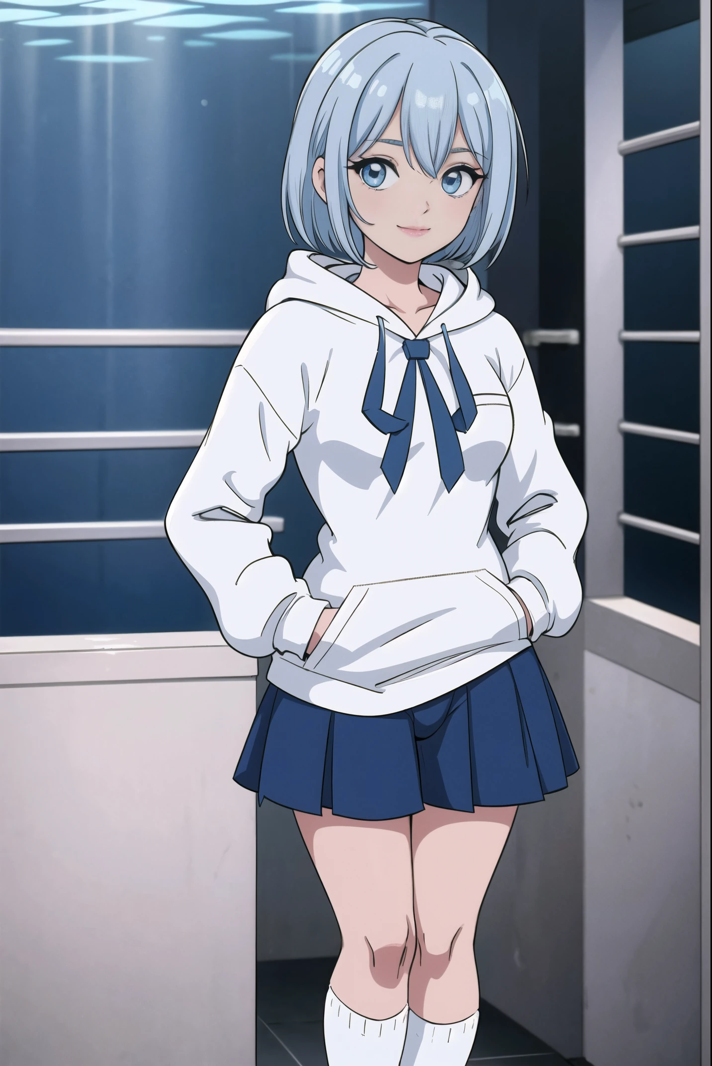 ((top-quality)), ((masterpiece)), ((ultra-detailliert)), (Extremely delicate and beautiful), girl with, report, cold attitude,((White hoodie)),She is very(relax)with the(Settled down)Looks,depth of fields,Evil smile,Bubble, under the water, Air bubble,Underwater world bright light blue eyes,inner color with bright gray hair and light blue tips,,,,,,,,,,,,,,,,,,,,,,Cold background,Bob Hair - Linear Art, shortpants、knee high socks、White uniform like school uniform、Light blue ribbon ties、Clothes are sheer、The hand in my right pocket is like a sapphire,Fronllesse Blue, A small blue light was floating、fantastic eyes、selfy,Self-shot、Bangs fall on the eyes, (give a sexy impression.)