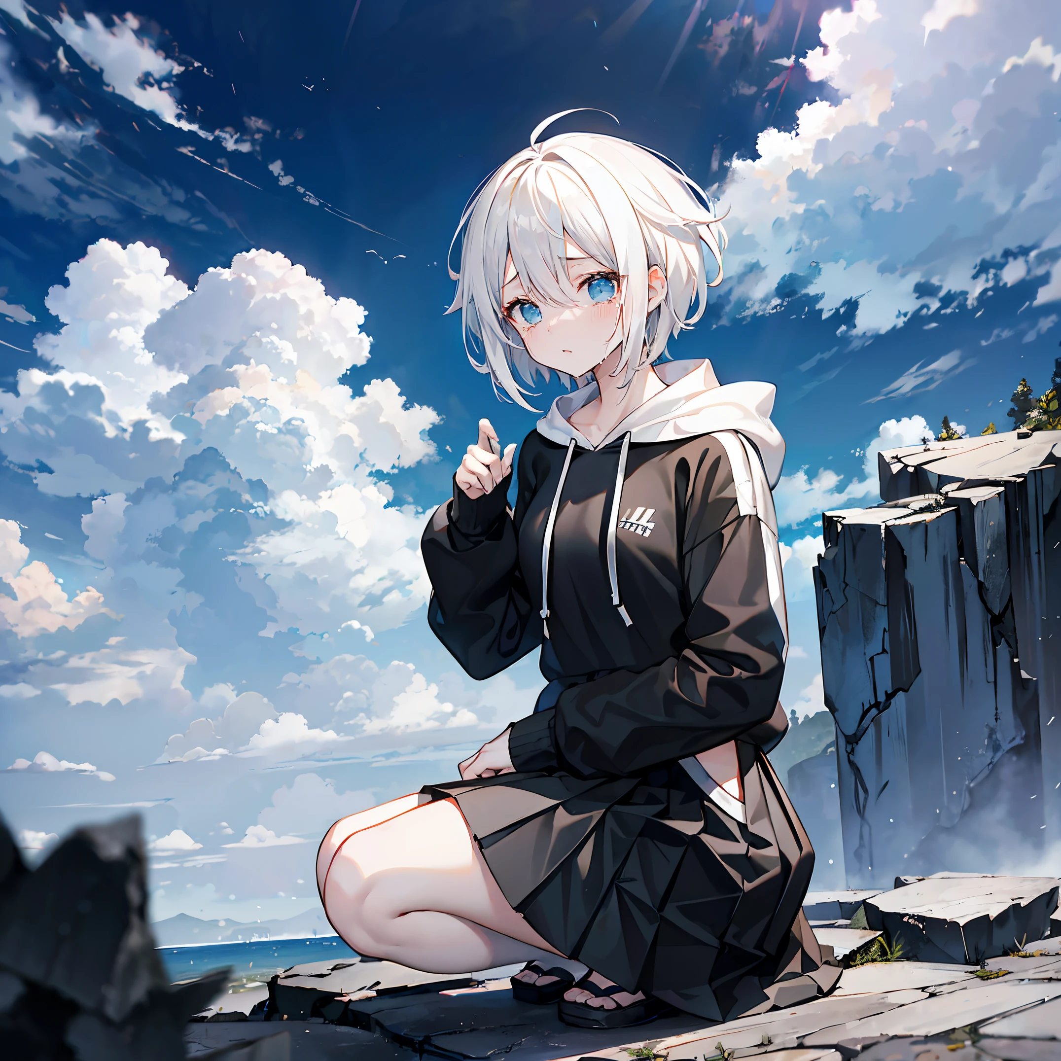 solo girl,,black pleated skirt,white  hoodie,short_hair， white hair,ahoge,
，touching eyes，cliff，crying，kneel，overview，raining，cloud，the sky is dark，beaten  Black and blue