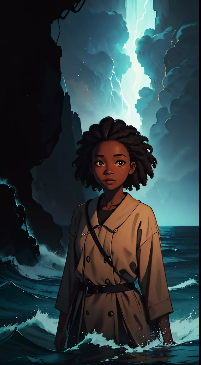 A brief moment of calm on a stormy sea, black girl with cinnamon skintone, neutral color clothing against the vibrant colors of nature's respite. Portrait shot with peach and cyan lighting , detailed intricate , Slow shutter speed Miriam Schapiro, chiaroscuro, wabi sabi art style , camera obscura, beautiful, masterpiece, behance winning