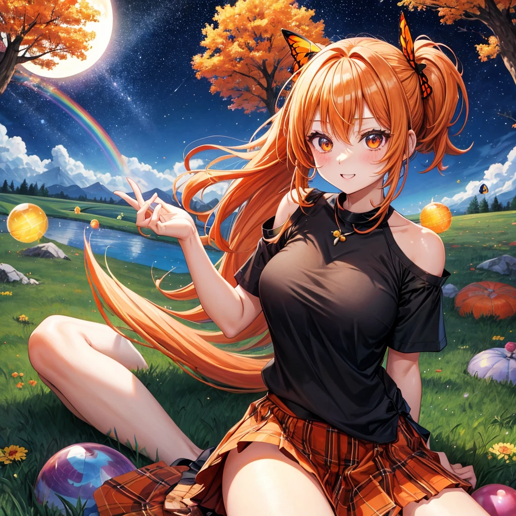 Orange hair、poneyTail、verd s eyes、one good looking girl、独奏、animesque、lightly dressed、Plaid miniskirt、a black T-shirt、grass field、fullmoon、Meteor swarm、large tree、Glittering starry sky、rainbow butterfly flying、Colorful marbles、sitting on