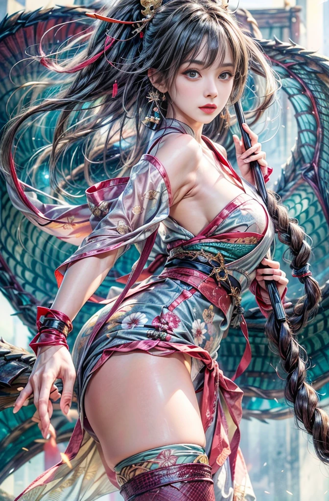 (Photoreal Stick:1.4, masutepiece:1..3, 8K), top-quality, masterpiece, 超A high resolution, Perfect dynamic composition, Professional camera work, Grow Light Effect, Mystical portrait, Cinematic Light, Highly detailed skin and facial texture:1.3, The ultra-detailliert, A detailed eye, (riding a dragon, carry a noble long cane, , Erase unwanted hands), (myterious:1.3, Fanciful:1.2, tradition:1.2, majestueux:1.2), 1girl in, 25-years old, cute and sexy slim goddess, Fair skin, (Calm:0.9, Totally captivates you:1.0), (japanese miko costume:1.3), (voluptuous breasts:0.9), (back shot beautiful blue eyes, Eyes that feel beautiful eros:0.85), Sexy face:0.4, (A mouthfeel that feels beautiful eros:0.85), ((Too cute beauty:0.9)), Fantastic background