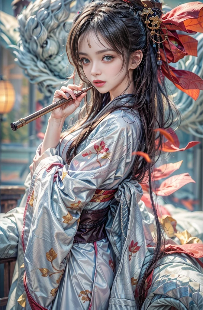(Photoreal Stick:1.4, masutepiece:1..3, 8K), top-quality, masterpiece, 超A high resolution, Perfect dynamic composition, Professional camera work, Grow Light Effect, Mystical portrait, Cinematic Light, Highly detailed skin and facial texture:1.3, The ultra-detailliert, A detailed eye, (riding a dragon, carry a noble long cane, , Erase unwanted hands), (myterious:1.3, Fanciful:1.2, tradition:1.2, majestueux:1.2), 1girl in, 25-years old, cute and sexy slim goddess, Fair skin, (Calm:0.9, Totally captivates you:1.0), (japanese miko costume:1.3), (voluptuous breasts:0.9), (back shot beautiful blue eyes, Eyes that feel beautiful eros:0.85), Sexy face:0.4, (A mouthfeel that feels beautiful eros:0.85), ((Too cute beauty:0.9)), Fantastic background