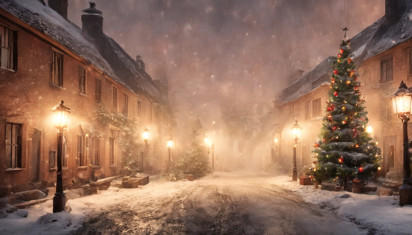 Hyperrealistic christmas landscape photo of a village covered with snow in the ethereal mist,((snow is falling)), (((christmas tree:1.8 in the center: 1.5)))), ((street lanterns: 1.8)), (((people walking on the streets))), few houses with illuminated windows, smokey chimneys,vivid colors, snowy sky, sunset,pink color gradient to orange color in the sky, extremely high-resolution details, photorealism, realistic lifelike textures, masterpiece, best quality, photograph, dreamlike, intricate details, sharp focus, photography, photorealism, photorealistic, 8k, volumetric light, (intricate details), (hyperdetailed), hdr, high detailed, lot of details, high quality, soft cinematic light, dramatic atmosphere, atmospheric perspective, ultra realistic, neutral colors, cinematic lighting, sharp focus, wide angle, film grain, dslr, raw photo,