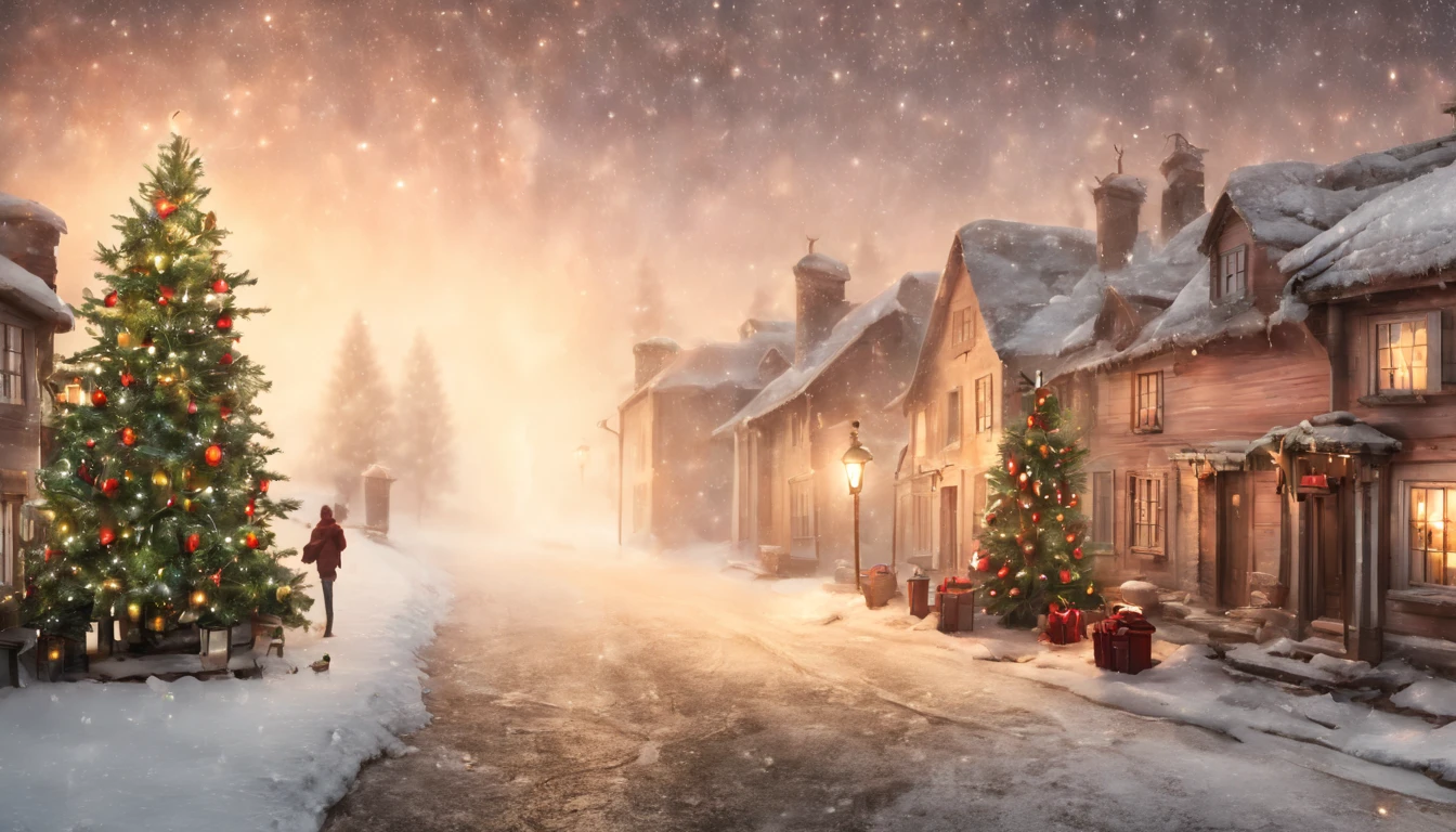 Hyperrealistic christmas landscape photo of a village covered with snow in the ethereal mist,((snow is falling)), (((christmas tree:1.8 in the center: 1.5)))), ((street lanterns: 1.8)), (((people walking on the streets))), few houses with illuminated windows, smokey chimneys,vivid colors, snowy sky, sunset,pink color gradient to orange color in the sky, extremely high-resolution details, photorealism, realistic lifelike textures, masterpiece, best quality, photograph, dreamlike, intricate details, sharp focus, photography, photorealism, photorealistic, 8k, volumetric light, (intricate details), (hyperdetailed), hdr, high detailed, lot of details, high quality, soft cinematic light, dramatic atmosphere, atmospheric perspective, ultra realistic, neutral colors, cinematic lighting, sharp focus, wide angle, film grain, dslr, raw photo,
