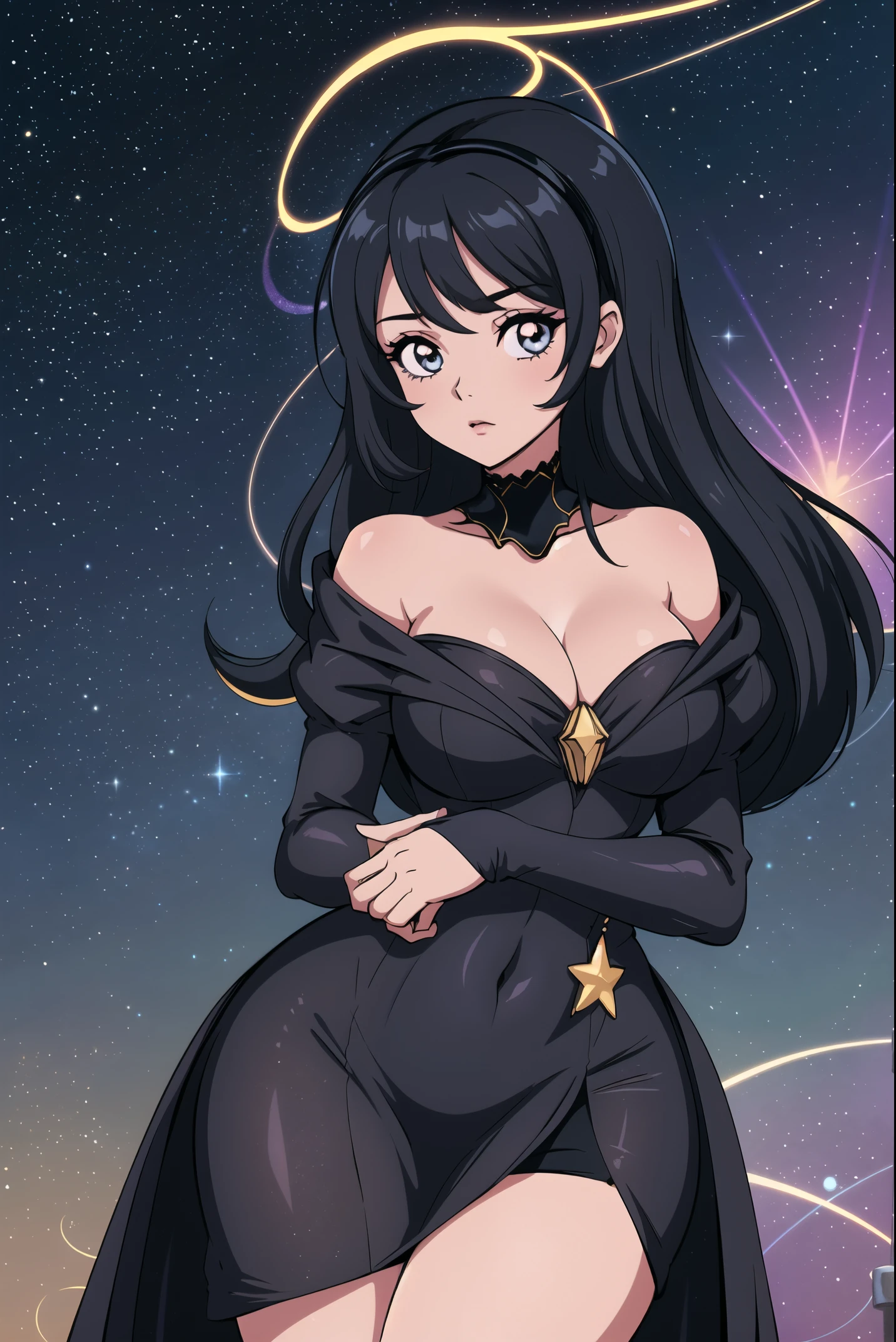 1 girl, (((ultra - detailed))), ((tmasterpiece)), ((illuminations)), , starlights, Black gorgeous dress, Curvy woman, veils, sliver long hair, Fair skin, Sagged Eyes, This picture looks like stars shining in the night sky, chest circumference, view the viewer