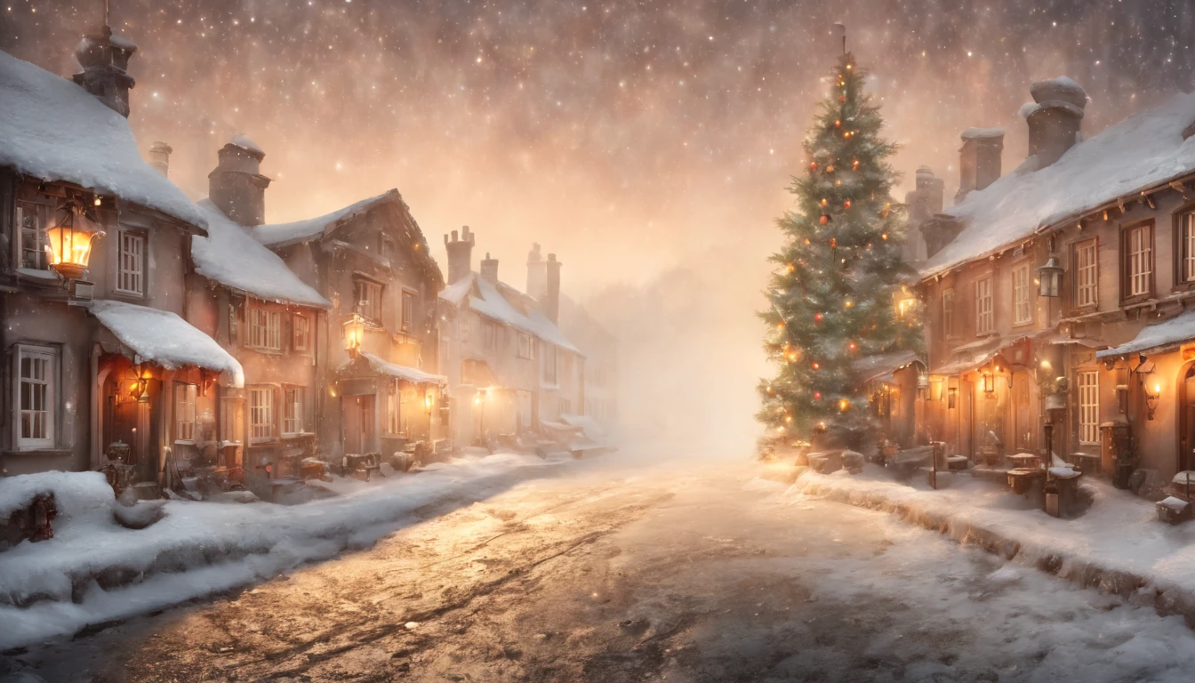 Hyperrealistic christmas landscape photo of a village covered with snow in the ethereal mist,((snow is falling)), (((christmas tree:1.8 in the center: 1.5)))), ((street lanterns: 1.8)), (((people walking on the streets))), few houses with illuminated windows, smokey chimneys,vivid colors, snowy sky, sunset,pink color gradient to orange color in the sky, extremely high-resolution details, photorealism, realistic lifelike textures, masterpiece, best quality, photograph, dreamlike, intricate details, sharp focus, photography, photorealism, photorealistic, 8k, volumetric light, (intricate details), (hyperdetailed), hdr, high detailed, lot of details, high quality, soft cinematic light, dramatic atmosphere, atmospheric perspective, ultra realistic, neutral colors, cinematic lighting, sharp focus, wide angle, film grain, dslr, raw photo,