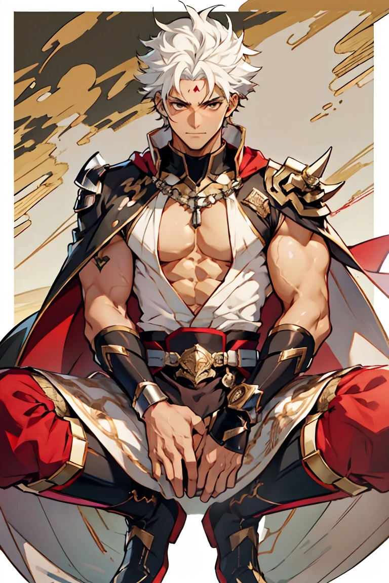 Shoulders exposed,Highest image quality,male people,child,1 boy,Young and handsome,shoun,White color hair,Short flat top hair,Dark skin,anime big breast,anime wallpaper,Solo,malefociefs,Dilation of the pectoral muscles,Red cape,Bulging crotch, background,spread their legs,Sexy,(Masterpiece, Best quality),Long white socks,Red Martin boots,